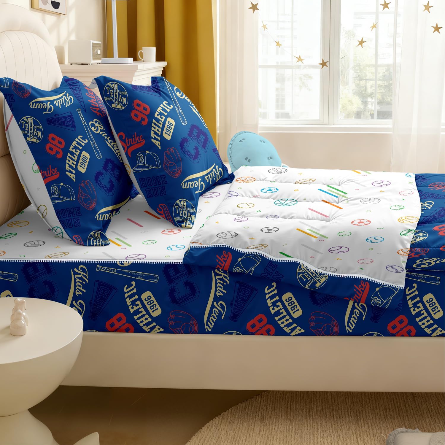 Kids Comforter Set,Zipper Bedding Twin for Boys,Baseballs Printed Comforter Set with Balls Fitted Sheets and Pillowcases for All Season(Baseballs-B)