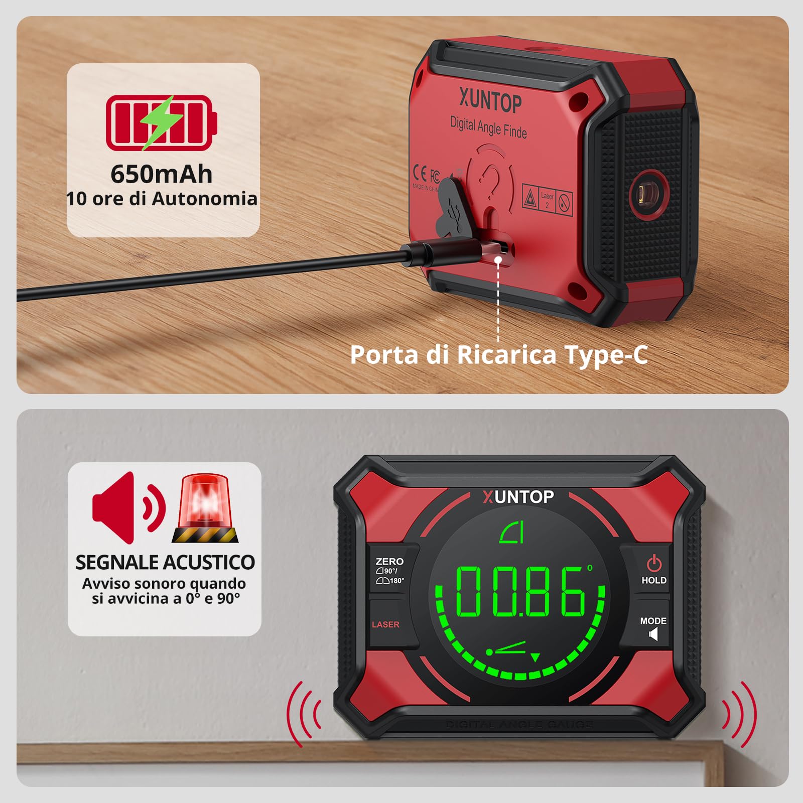 XUNTOP Digital Level Box Laser Digitale 3 in 1, Inclinometro Magnetico Ricaricabile con Livella a Croce, 4x90° e 2x180° Campo Misura, Precisione ±0.1°, Display LCD, per DIY, Falegnameria, Costruzione