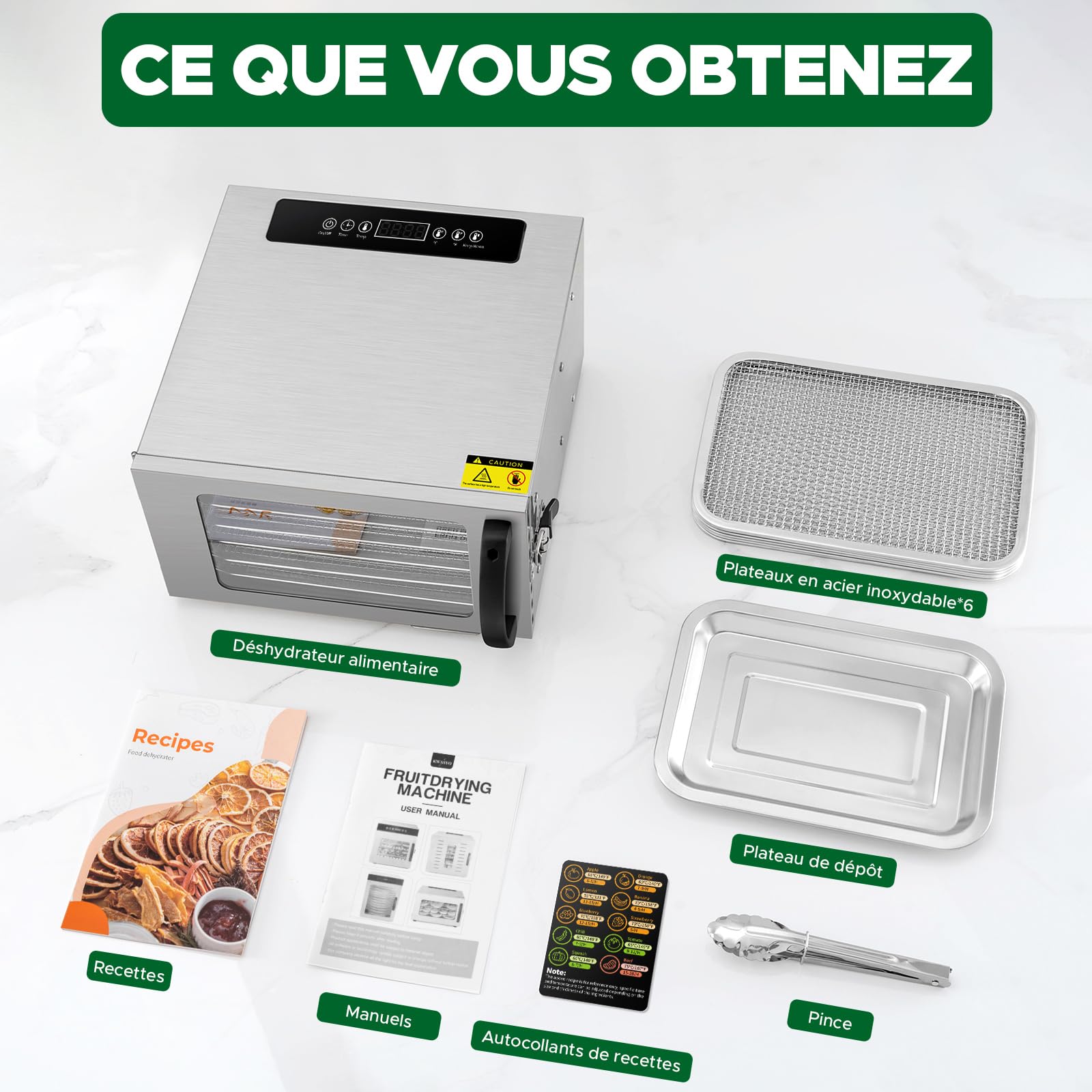 Kwasyo Deshydrateur Aliment, Déshydrateur Inox 6 Étages, avec Minuteur (24H), Température réglable 30℃-90℃, Déshydrateur Électrique pour Boeuf, Fruits, Légumes, Sans BPA, 400W