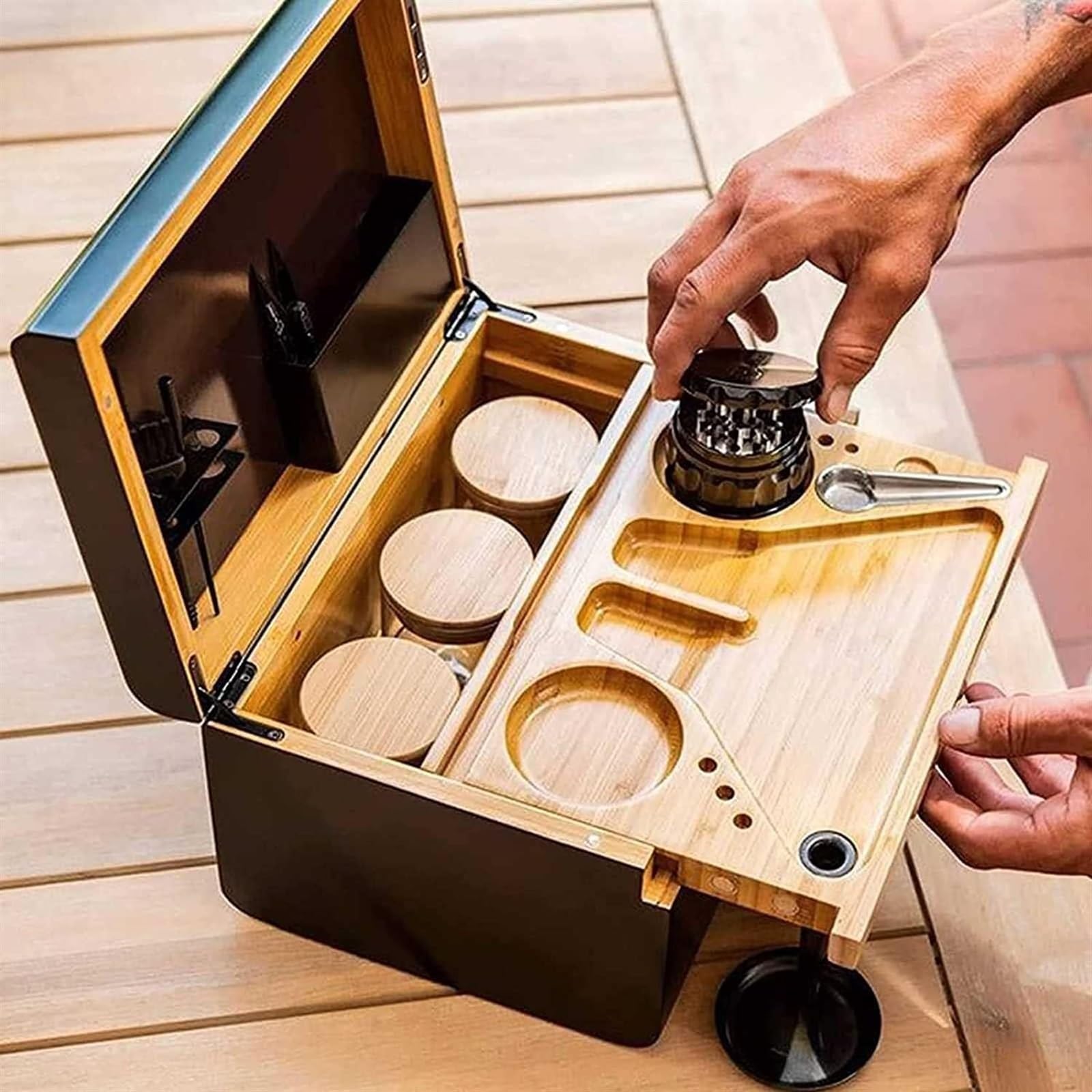 High End Bamboo Rolling Tray Bundle with Lockable Divider and Movable Tray - Luxury Wooden Storage Box for Organization and Convenience