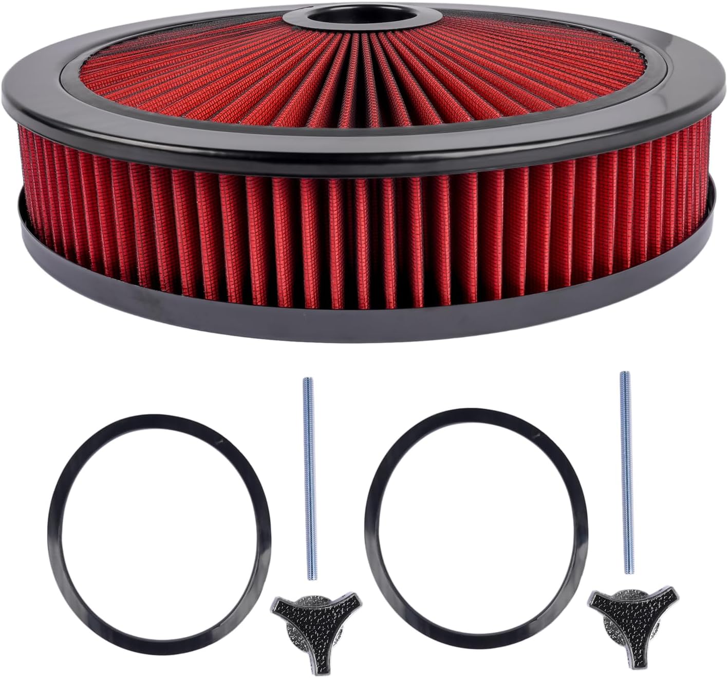 14" x 3" Red High Flow Air Cleaner Washable Element Black Top Recessed Replacement for SBC 4-Barrel
