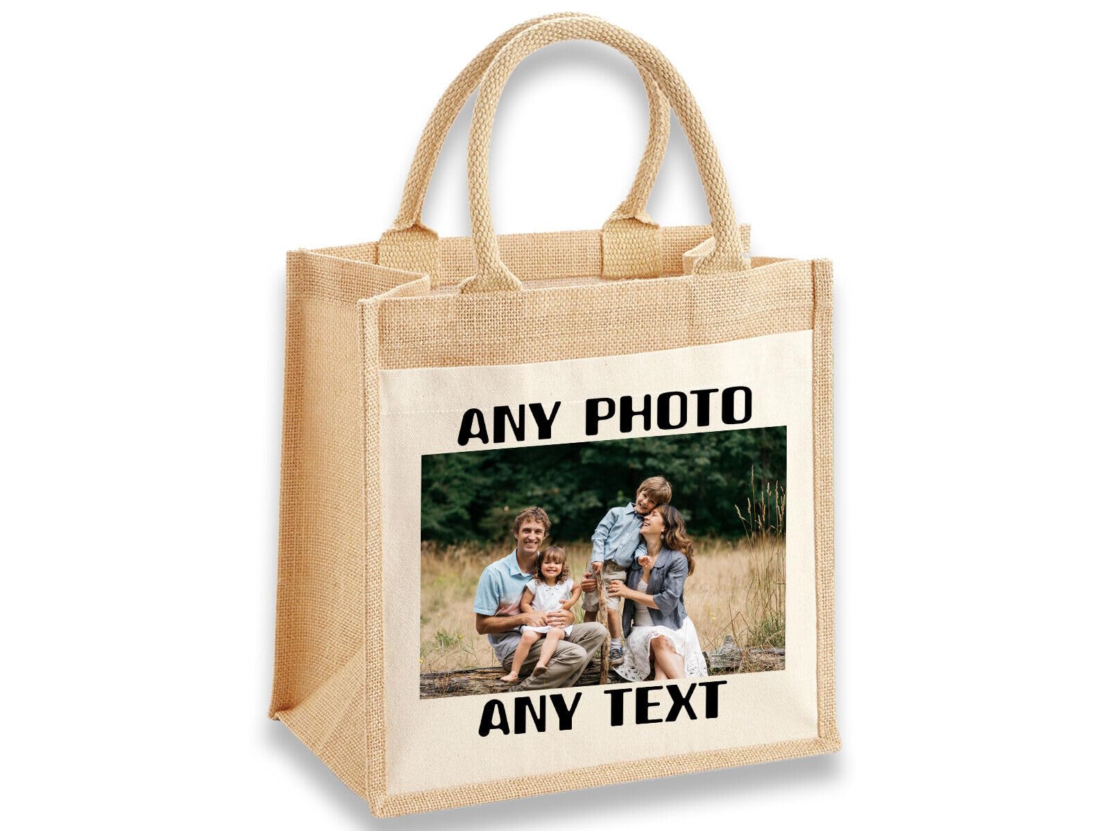 D&T Personalised Jute Midi Bag Custom Text & Photo Tote For Groceries, Beach, Gifts Natural
