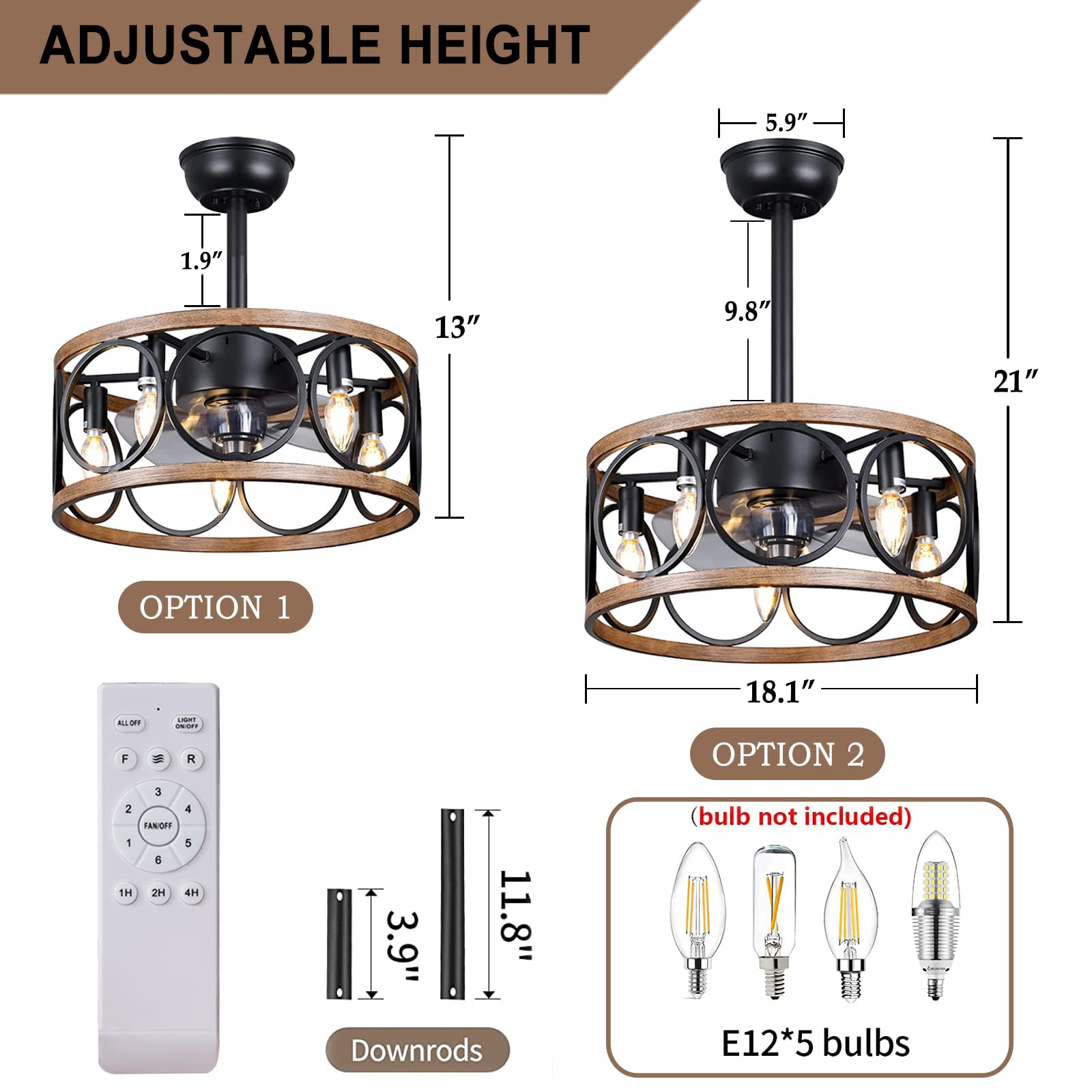 Galtlap 19" Drum Ceiling Fan with Lights, Farmhouse Caged Ceiling Fan Lights, Industrial Flush Mount Ceiling Fan Lights Remote Control, Bladeless Ceiling Fan with Lights Black and Wood