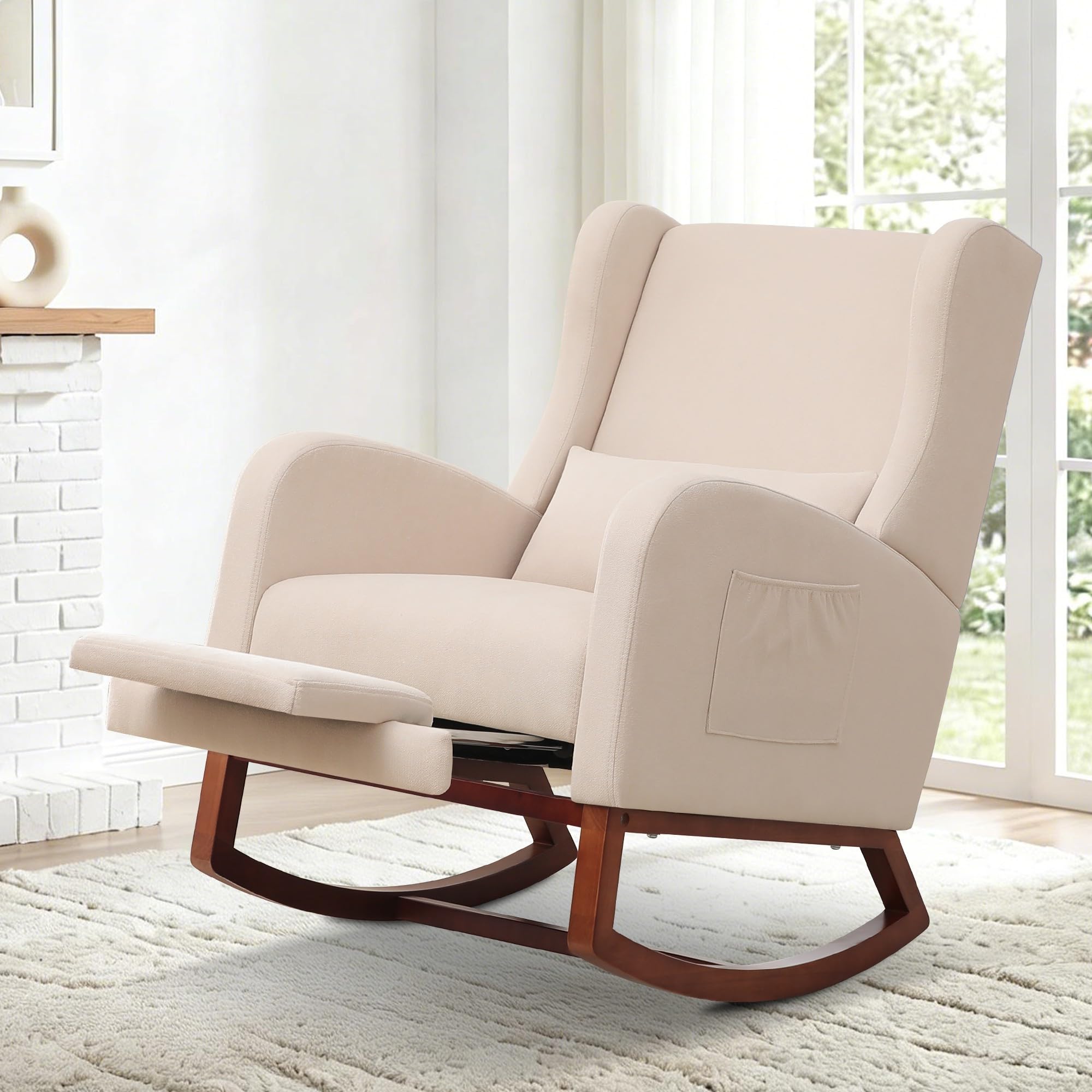 YUUIJOAA Linen Rocking Chair Nursery with Footrest, Modern Nursery Glider Chair with Side Pockets and Pillow, Rocker Chair for Living Room Bedroom Nursing Room,Beige