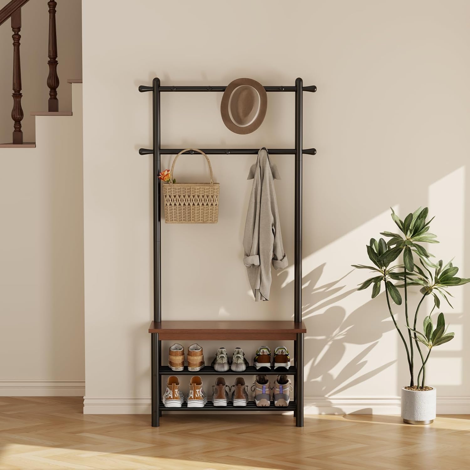 Coat Rack with Shoe Storage, Wood and Metal Frame, Entryway Hall Tree with Bench, Featuring 11 Hooks and 2-Tier Storage Shelves, 3-in-1, Entry Bench with Coat Rack (31.5" Walnut)