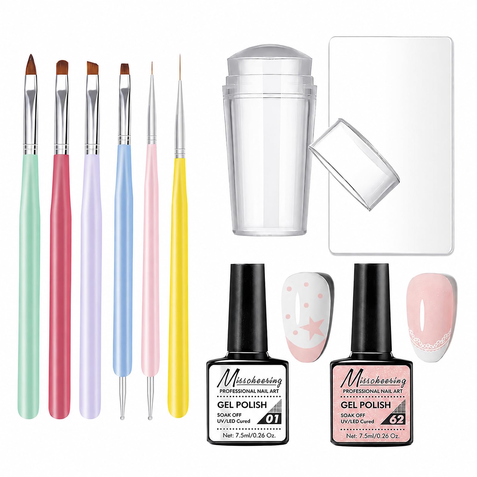 Govalin French Tip Gel Polish Kit, Pink White Set with Stamper and Brush Nude Pink and White