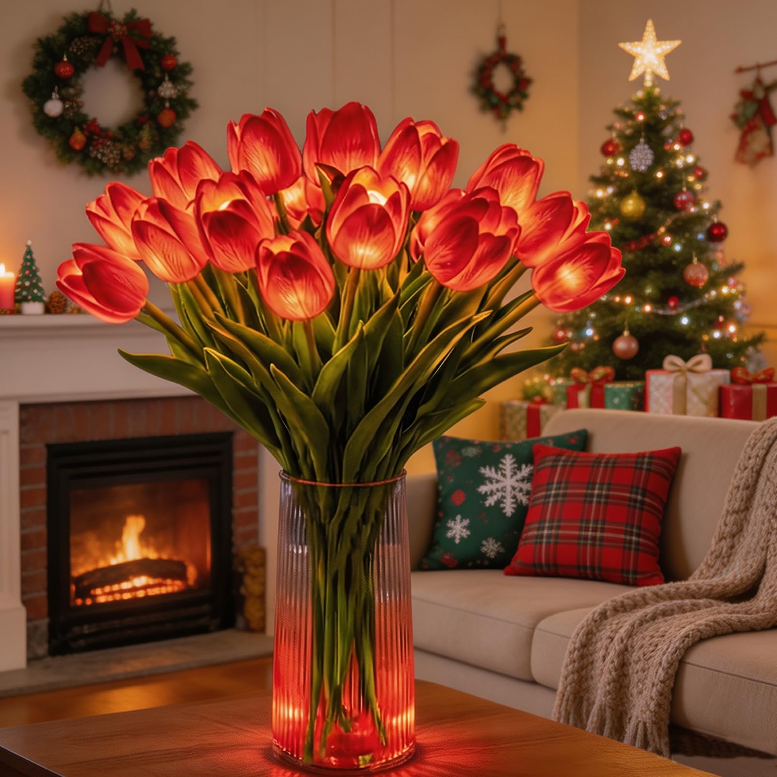 2027 Upgrade Radiant Romantic Tulip Light, 10/15PCS Tulip Lamp Artificial Magical Meadow Flowers with Vase, for Christmas & Halloween,Home Decor and Wedding Anniversary (Red,15*Flowers Without Vase)