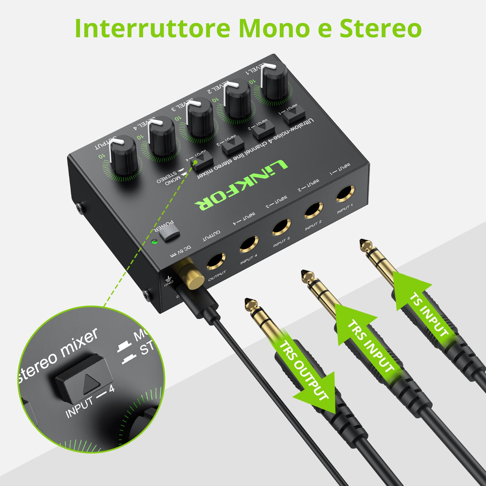 LiNKFOR Mixer Audio 4 Canali Stereo Multifunzionale 4 Channel Audio Mixer con Controllo Indipendente del Volume Audio Mixer 4 Canali per Piccolo Bar Microfoni Chitarre Bassi Tastiere e Mixer di Palco
