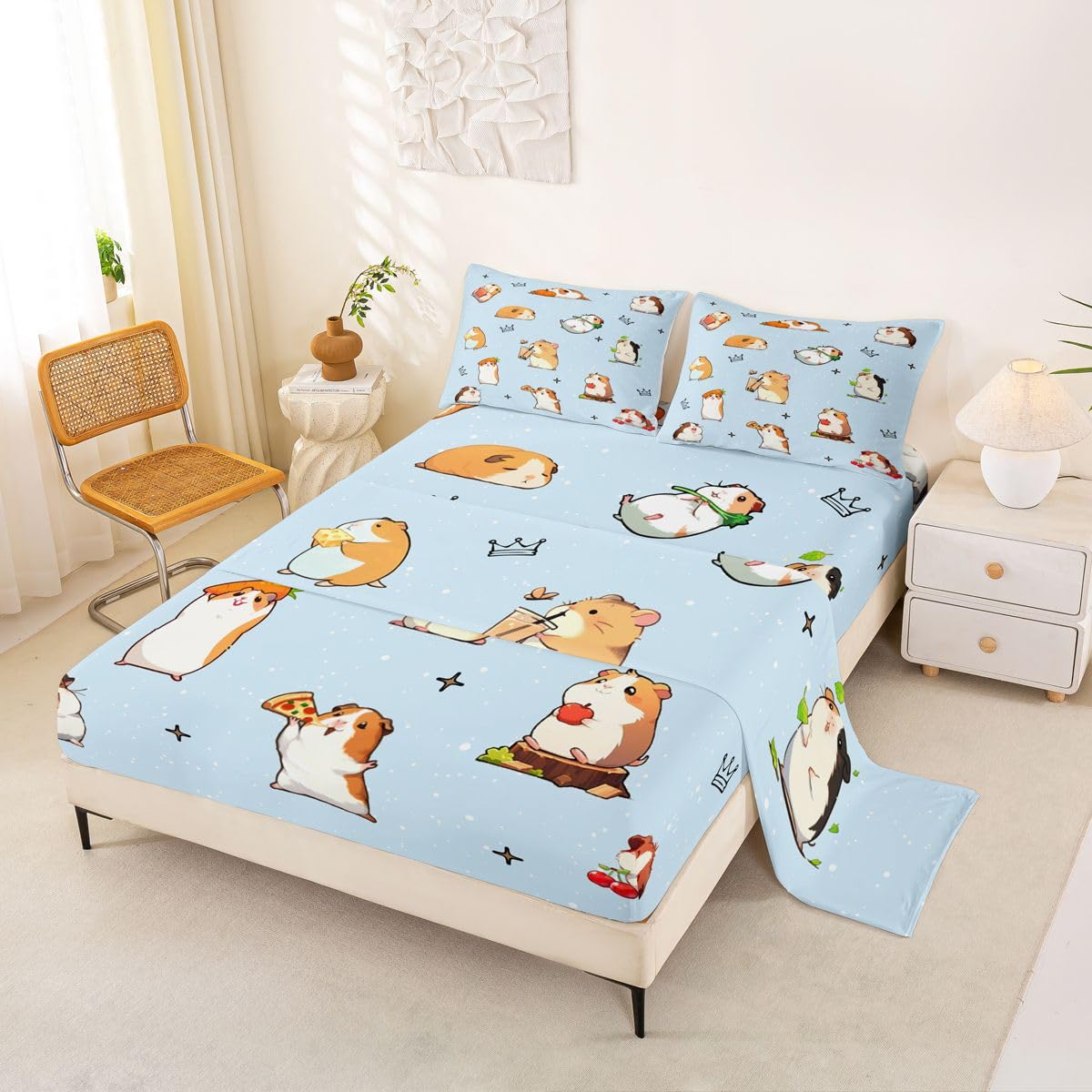 Homewish Kawaii Świnka morska zestaw pościeli podwójne kreskówka mysz prześcieradła gryzonie zwierzę pościel - herbata mleczna i owoce wzory prześcieradła zestaw 4 sztuk
