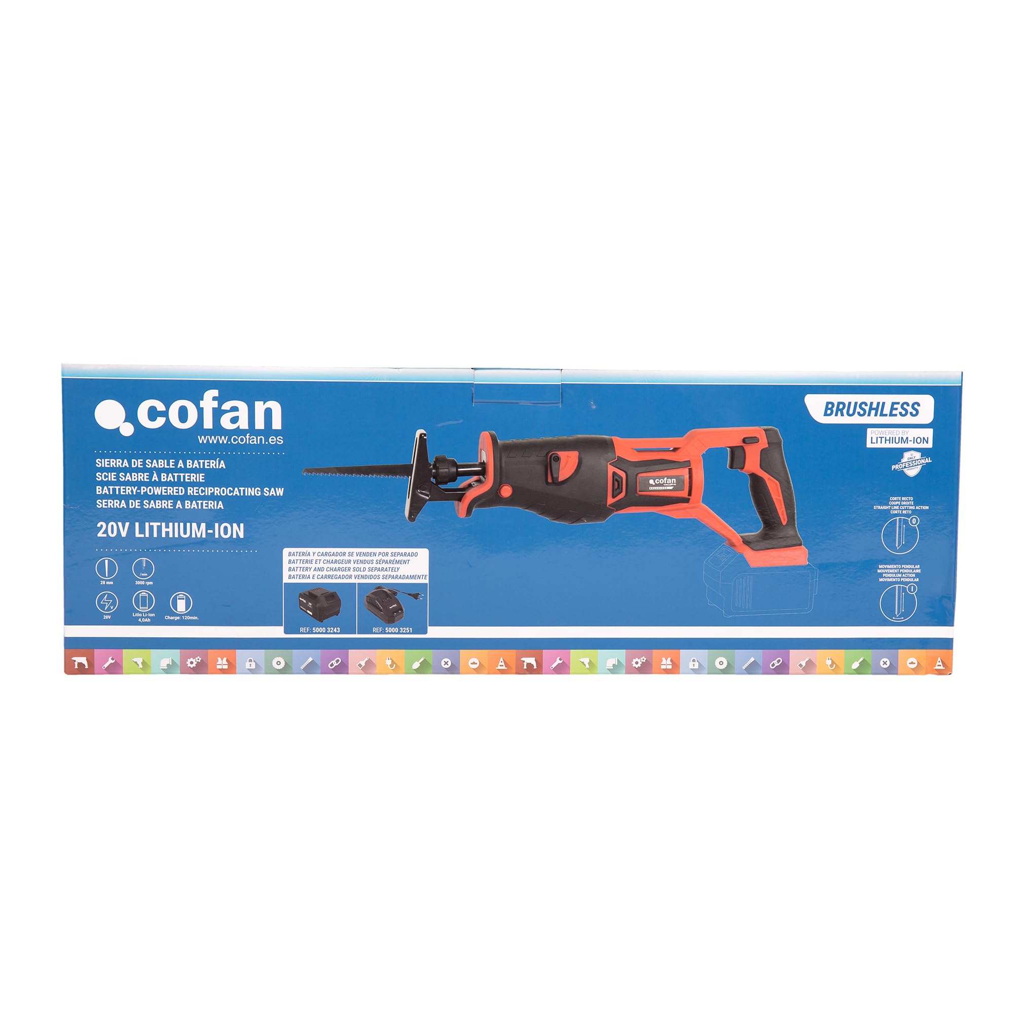 Cofan Sierra de sable a batería | Potencia: 20 V | Motor sin escobillas | Velocidad variable 0–3000 rpm | Corte 200 mm Madera / 50 mm Metal | Batería y cargador no incluidos