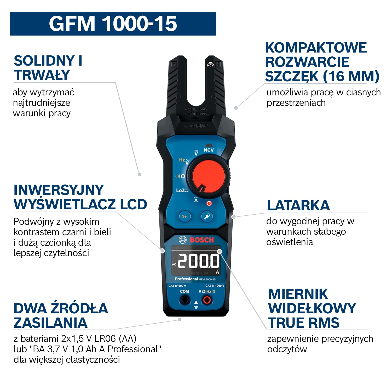 Bosch Profesjonalny Szczypce do pomiaru prądu GFM 1000-15 (True RMS, inwersyjny wyświetlacz LCD, mierzy do 200 A AC, bezkontaktowy detektor napięcia, 2 x 1,5 V LR06 (AA))