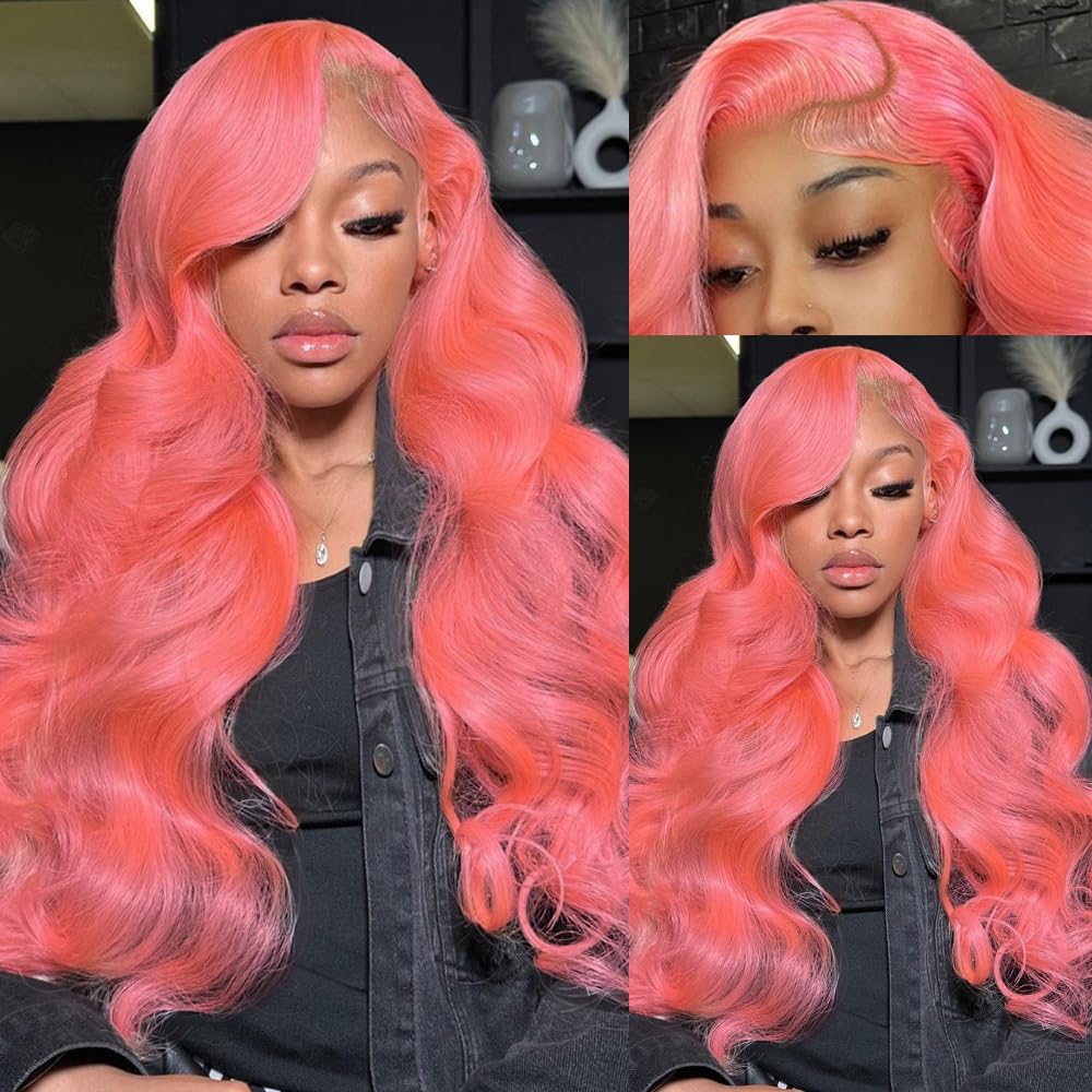 XIAPAY Pink Lace Front Wig Human Hair 13x4 HD Lace Front Wigs Human Hair Pre Plucked Body Wave Pink Human Hair Wig 200% Density Colored Frontal Wigs