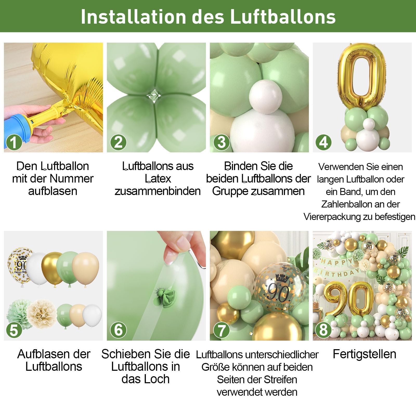 Decoraciones de 90º Cumpleaños Verde salvia,Decoraciones de 90º Cumpleaños Guirnalda de Globos con Globos del Número 90 para Hombres Mujeres Decoraciones de 90º Cumpleaños