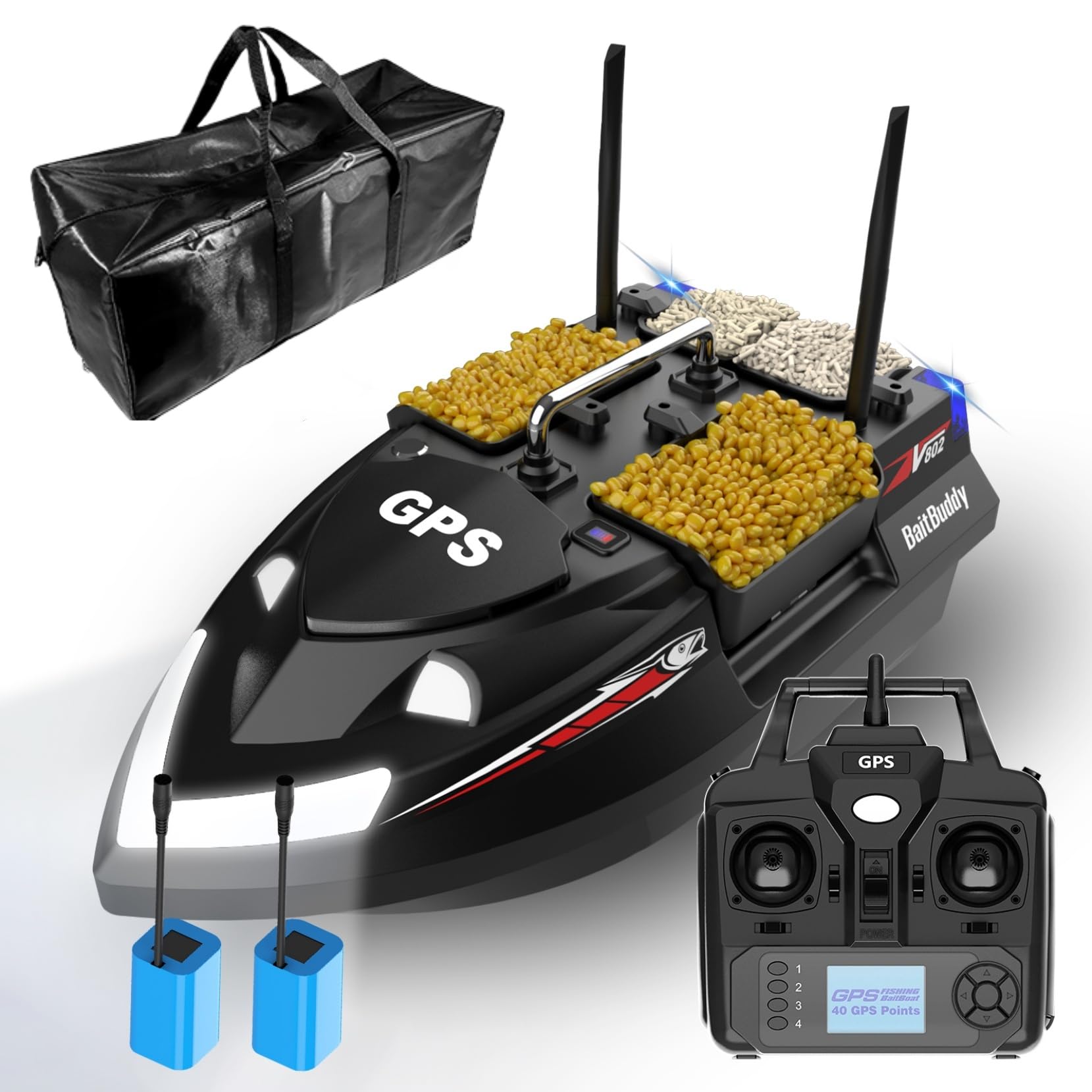 Cebo GPS a doppia antenna per pesca alla carpa, portata di 500 m, carico di 3 kg, 4 tramezzi, barca telecomandata con custodia