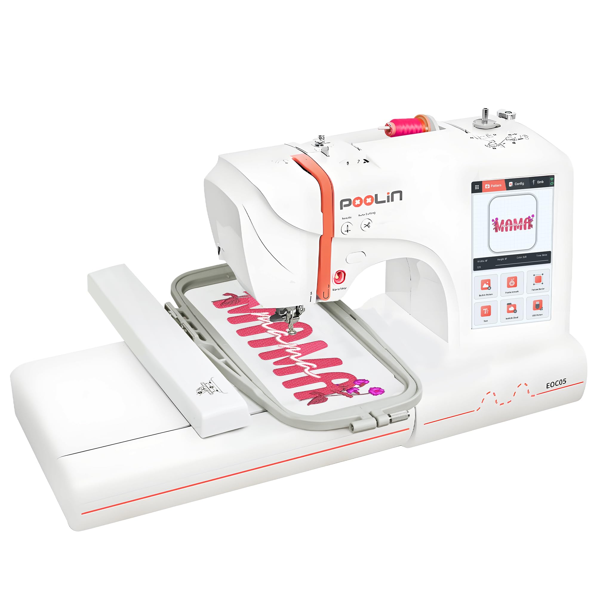 PooLin EOC05 Embroidery Machine 4x9.25 in Area Single Needle Embroidery Machine with 7 in Large Touchscreen, WiFi Design Transfer, Ideal for Home DIY & Personalized Gifts, Includes 1-on-1 Training