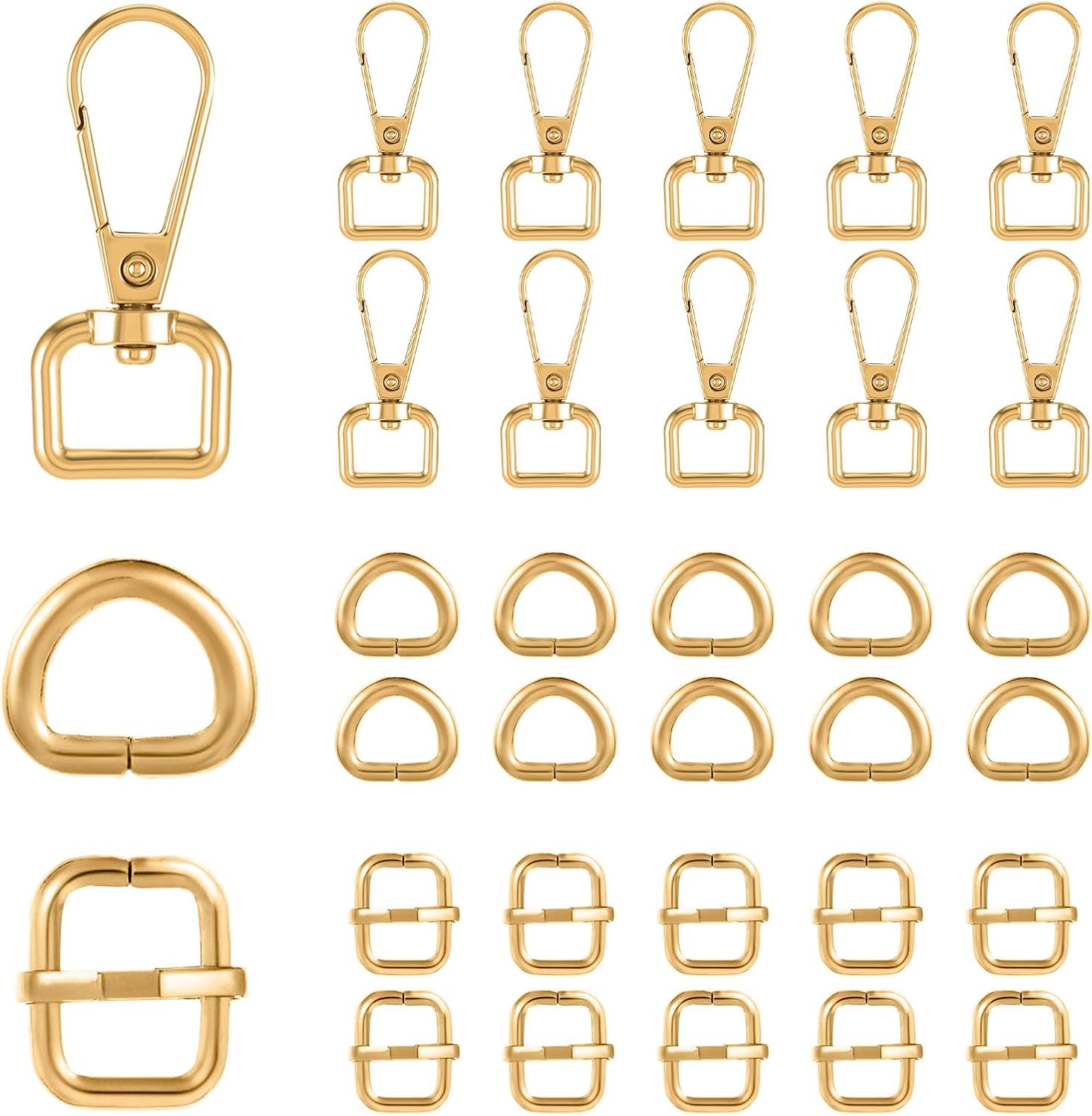 30 PCS Swivel Snap Hooks Kit Includes Tri-Glide Slide Buckles Swivel Clasp D Rings for Purse Making Gold Purse Hardware for Bag Making Keychain Clip for Keychain Making Kit(1.3CM)