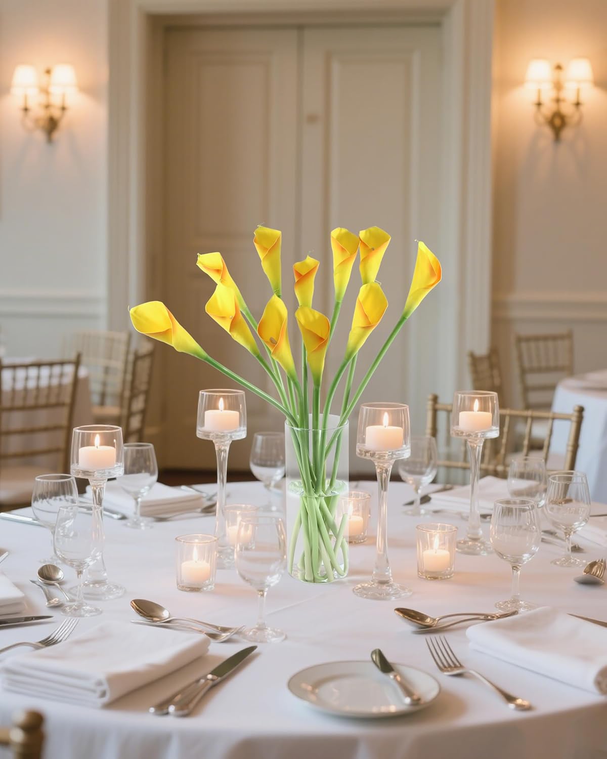 DuHouse 12pcs Calla Lily Artificial Flowers,26" Long Stem Large Calla Lily Flowers,Real Touch Calla Lilies for Party Wedding Bridal Bouquet Home Decor Centerpiece(Yellow-Orange Edge)