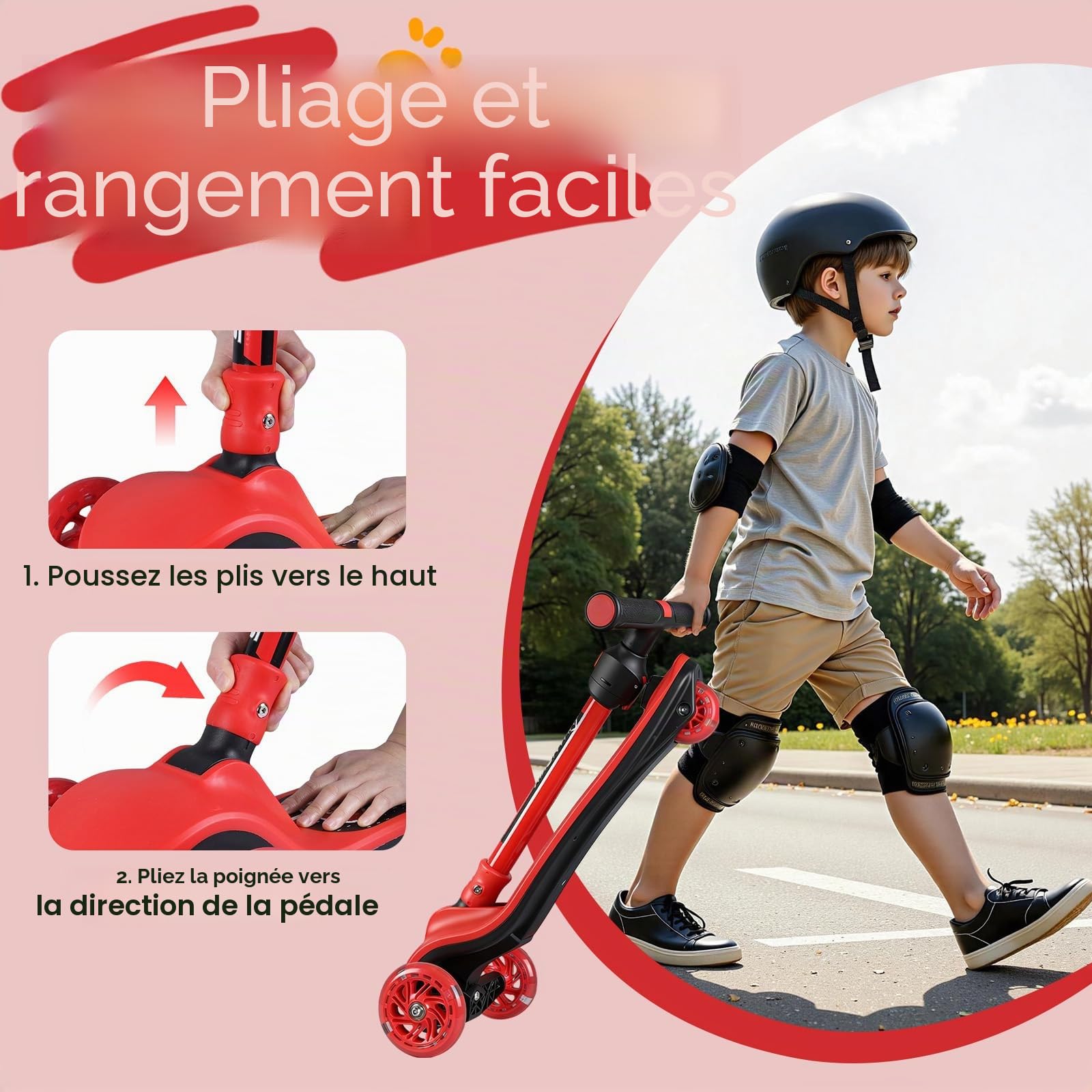Trottinette pliable pour enfant avec clignotants, hauteur réglable, large plateau et frein, pour garçons et filles à partir de 3 ans