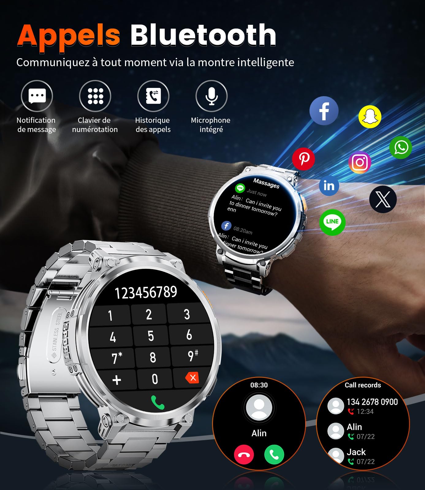 Montre Connectée Homme avec 1,85'' HD Grand Écran/LED Lampe/730mAh Batterie,Smartwatch avec 120+ Modes Sportifs,24/7 Moniteur de Fréquence Cardiaque et Sommeil,IP68 Étanche pour Android iOS,Argenté