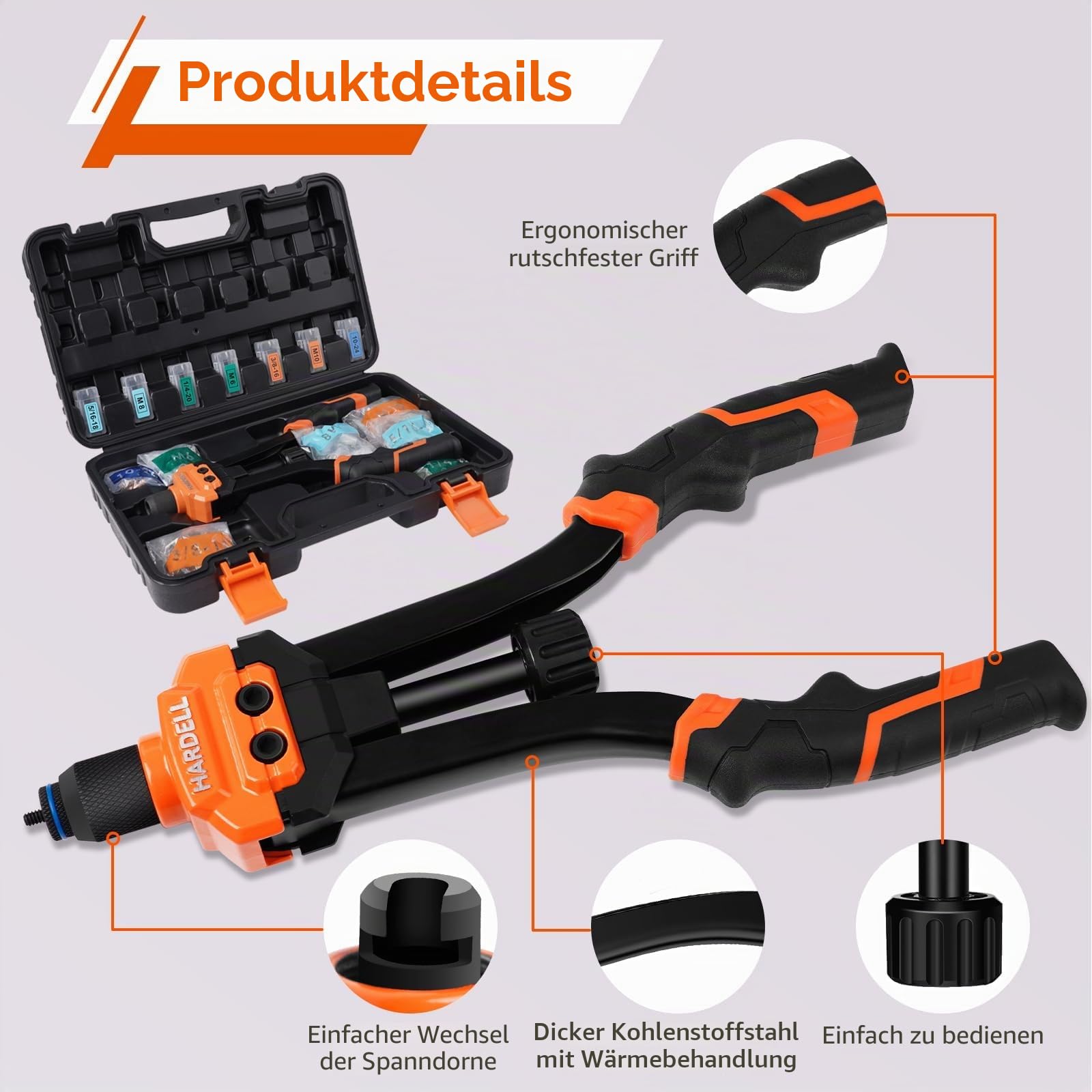 HARDELL Rivet Nut Tool 14" with 100 Rivet Nuts 7 Mandrels M6 M8 M10 1/4-20 5/16-18 3/8-16 10-24 Carry Bag