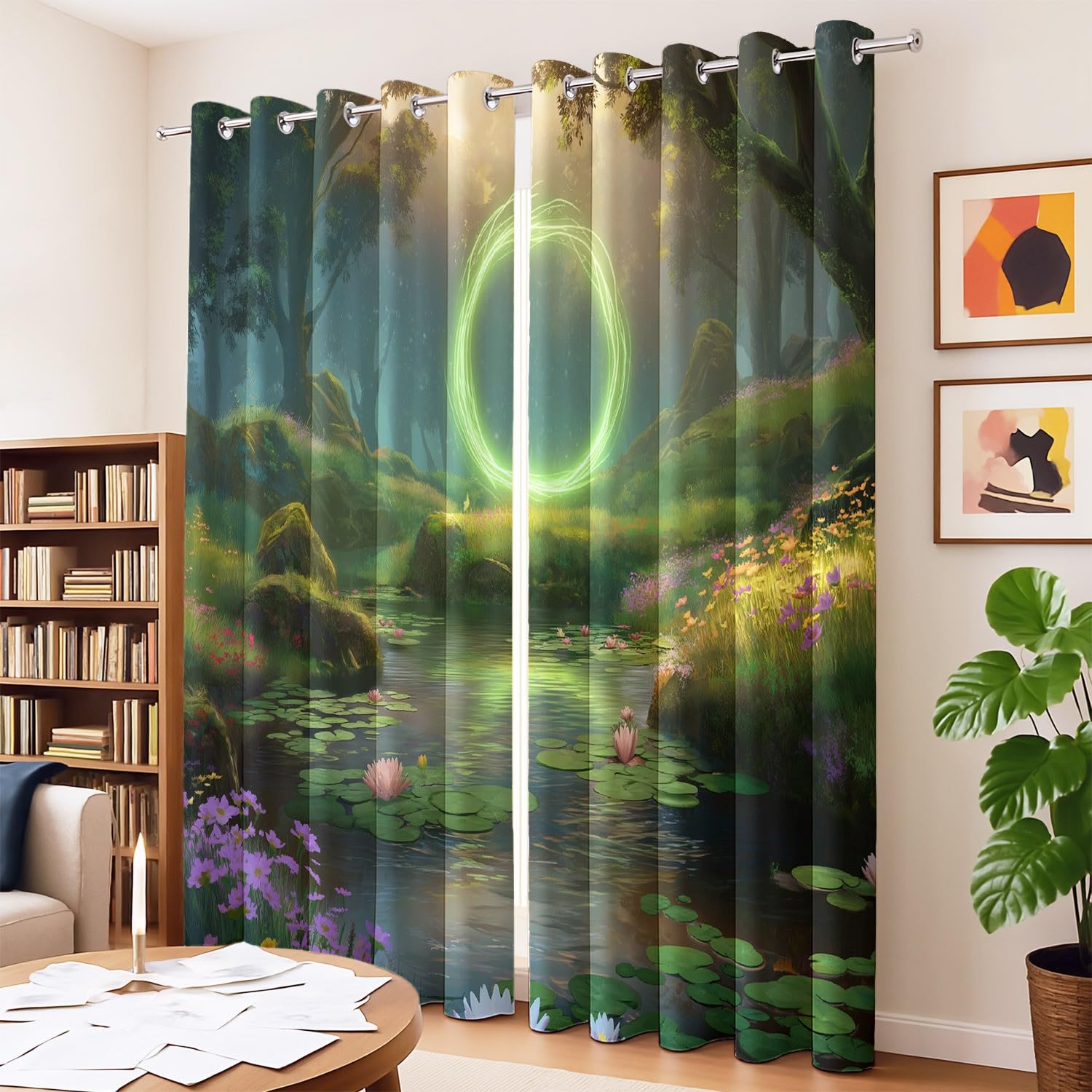 Fantasy Magic Portal Zasłony do kina domowego - można prać w pralce, zasłony z oczkami z nadrukiem cyfrowym, ciemnozielone, szer. 66 x dł. 72 (2 panele) 167 x 182 cm