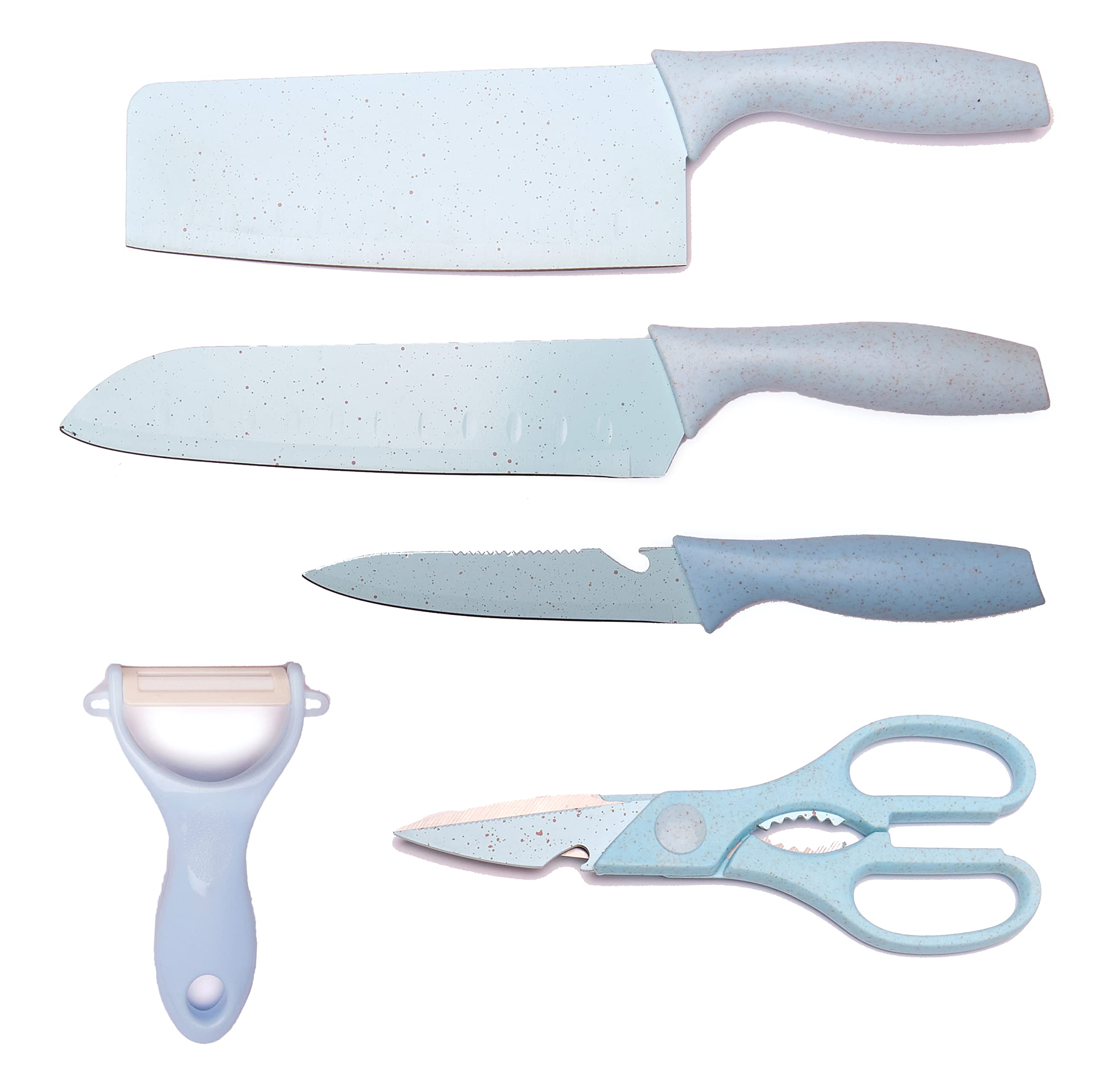 Set 5 Coltelli Da Cucina Blu Con Pelapatate E Forbici, Lame In Acciaio Inox, Manico Ergonomico Antiscivolo - 5