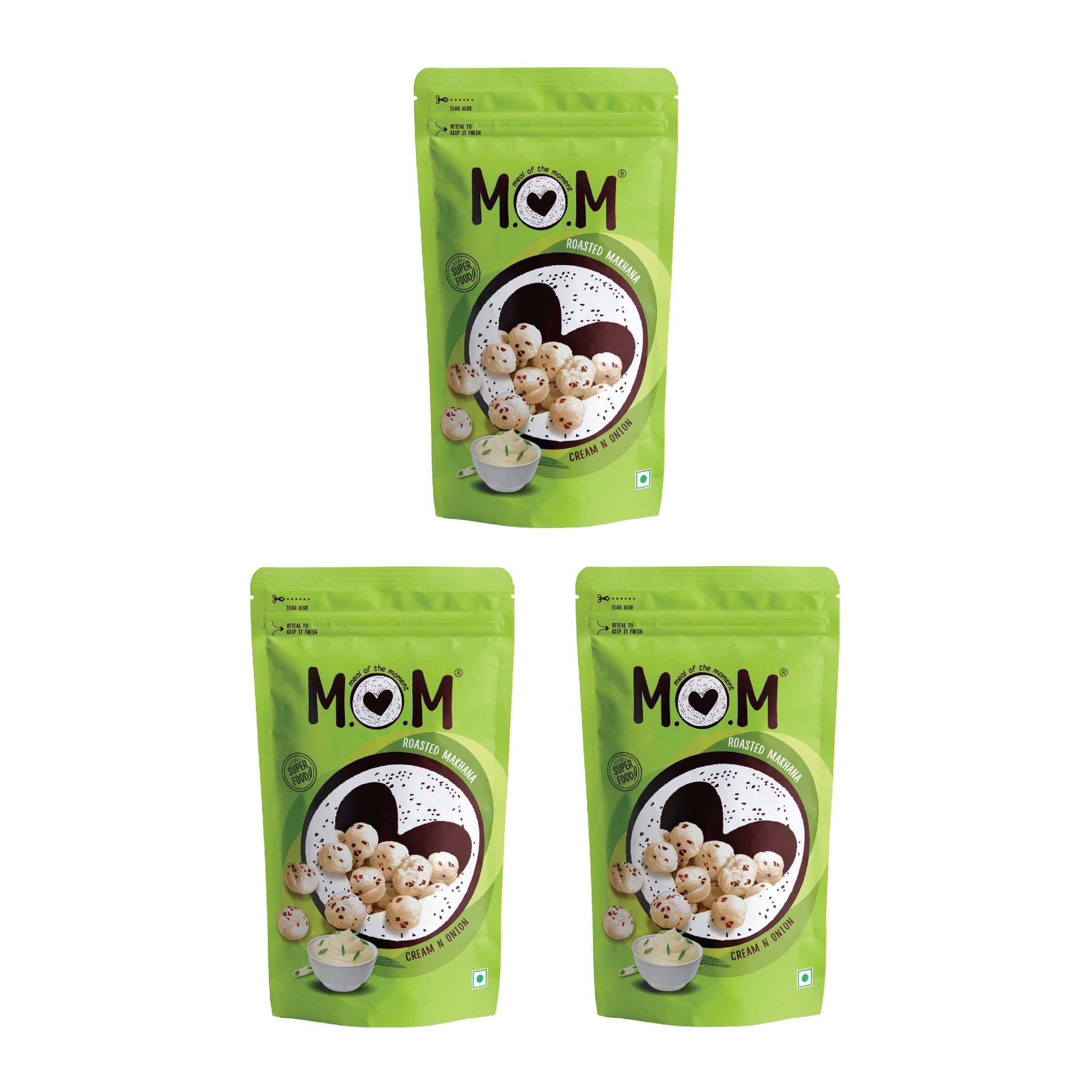 MOM - Meal of the Moment, Roasted Cream N Onion Makhana (Pack of 3), 52/ 56g Gluten Free | Anti Oxidants | MSG Free | Zero Trans Fat | No added Preservatives and No Artificial Flavours