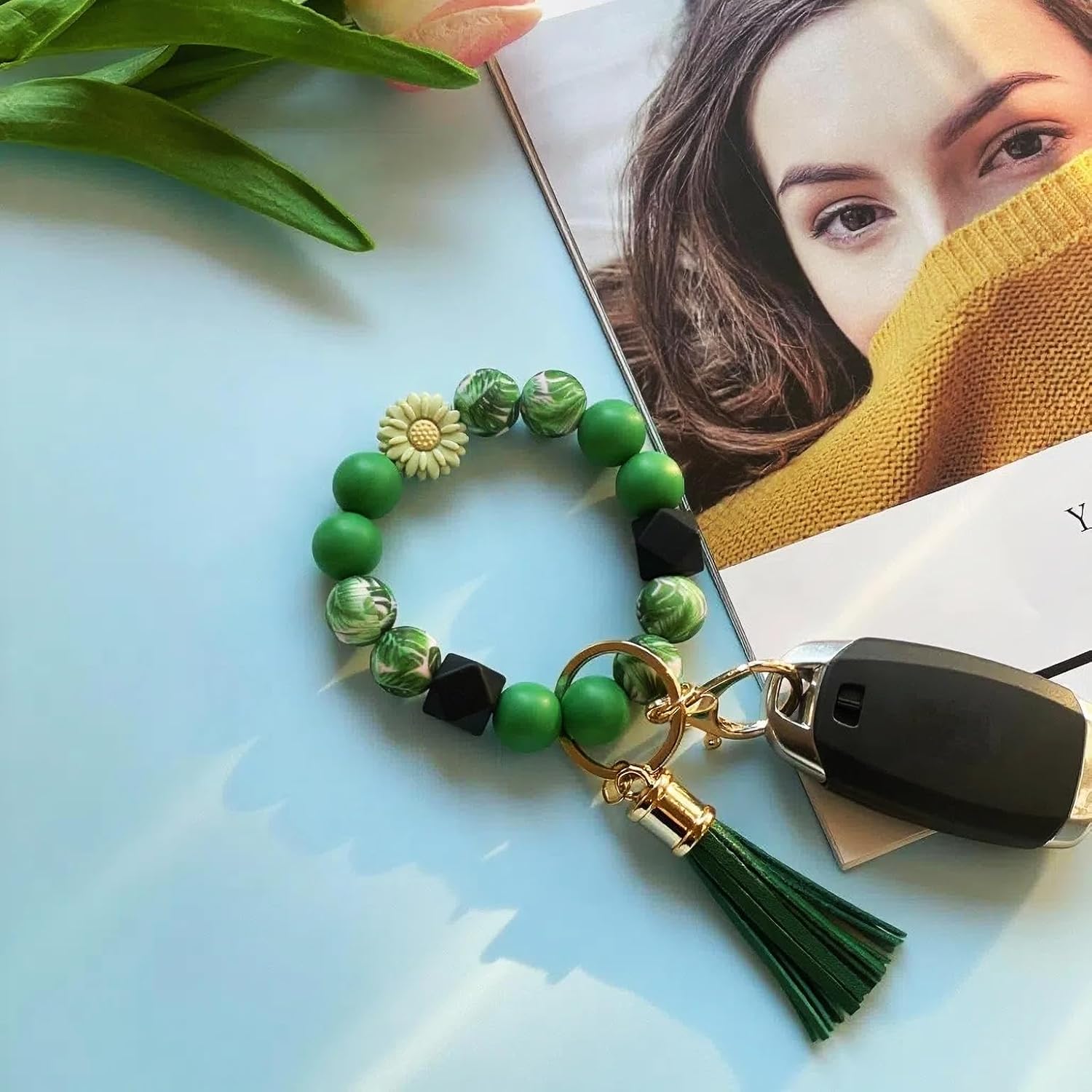 Silicone Bead Keychain Wristlet, Cute Wrist Key Chains for Women Gift, Bracelet Key Ring for Car Keys & Bag Charm
