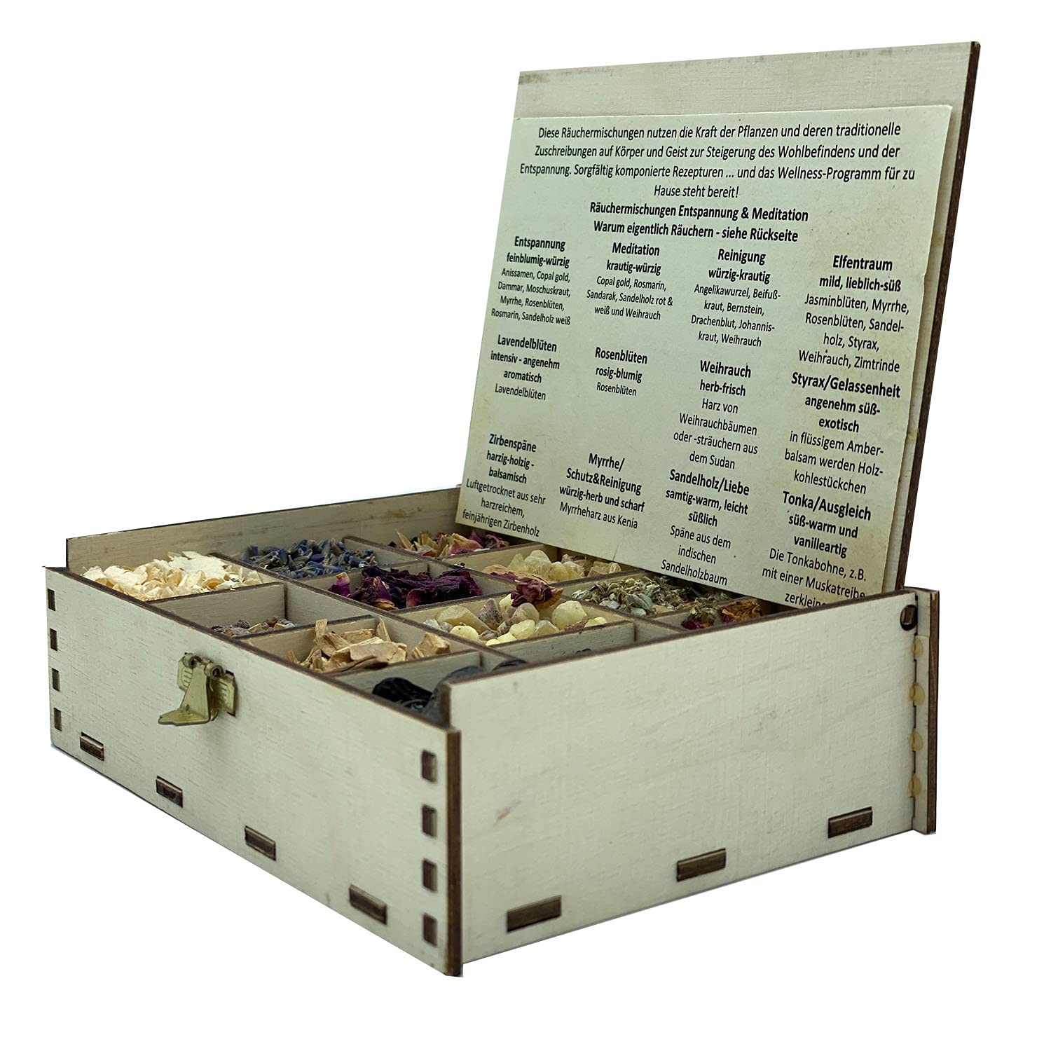 Caja de regalo Räucherbox con 12 variedades de mezclas de incienso para dejar ir y meditación, 14 x 10 x 4 cm