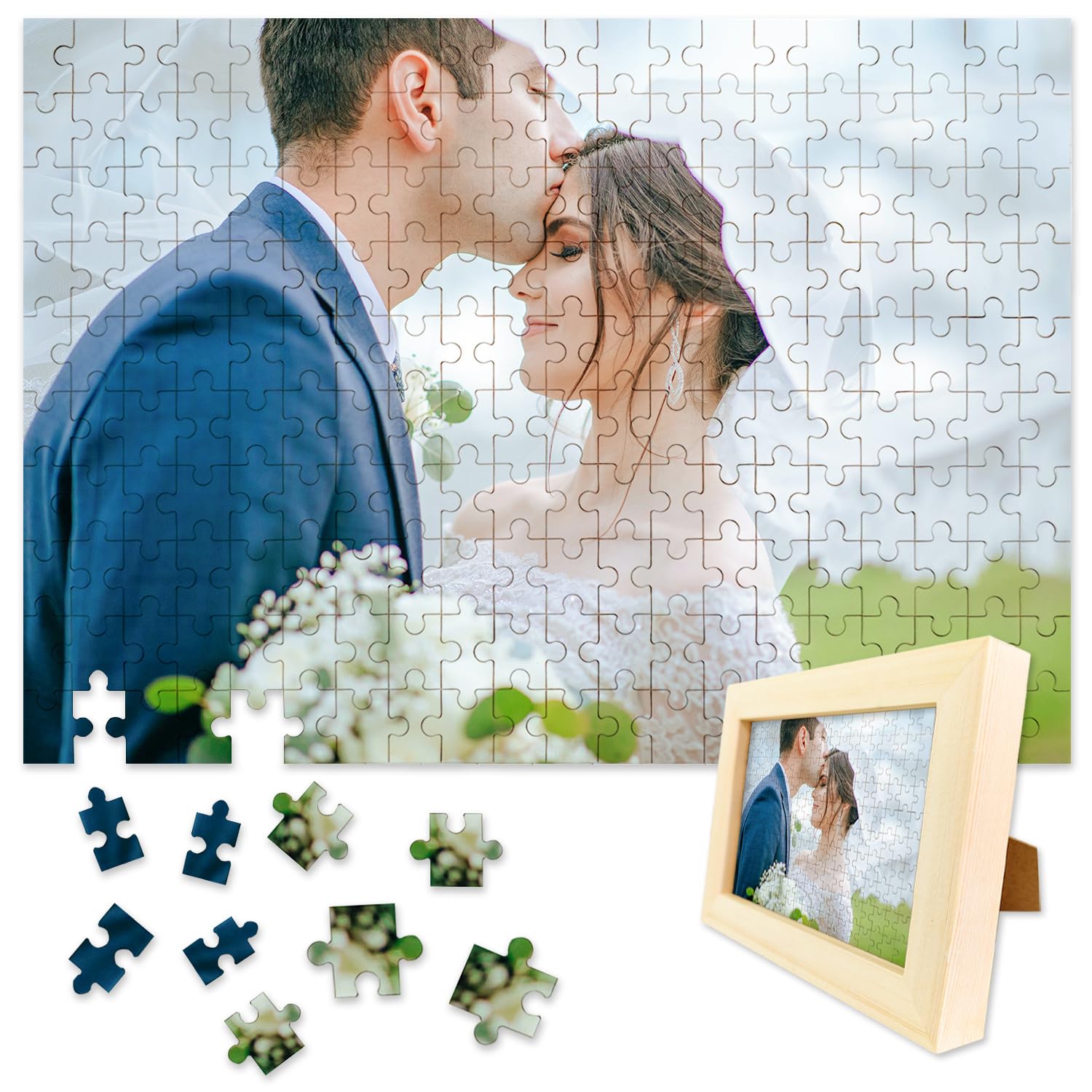 Personalised Jigsaw Puzzles for Adults 1000/500/300/200/70 Pieces,Wooden Custom Puzzle with Burlywood Frame,Personalised Gifts for Family,Pet,Wedding,Birthday,Valentine's Day,Holiday Memory(200 PCS)