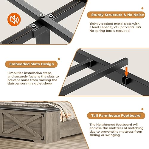 Miniatura 9 de DICTAC - Base de cama estilo granja tamaño Queen con cabecera de almacenamiento y estación de carga, base de cama de plataforma de madera tamaño