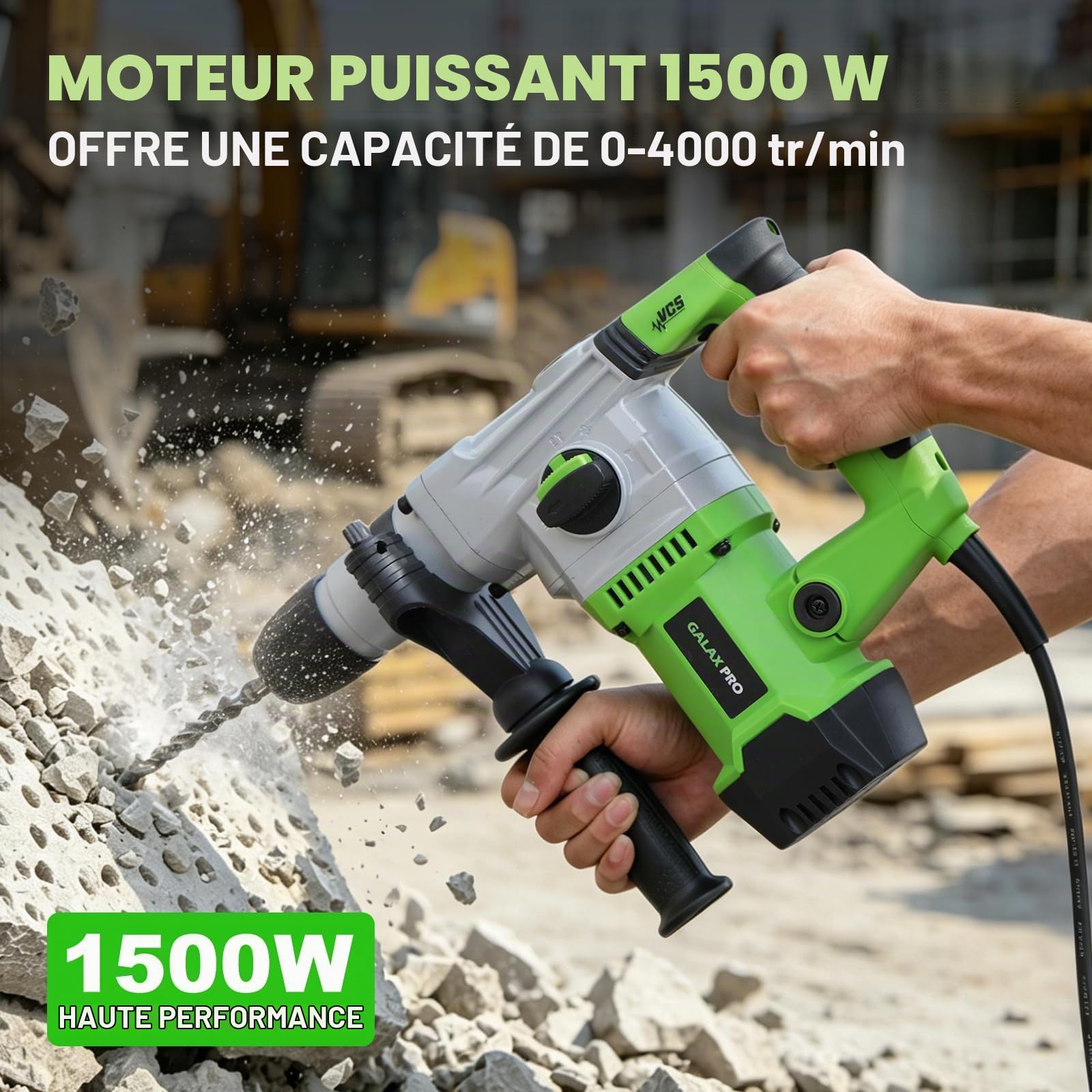 GALAX PRO 1500W Marteau Perforateur,4 Fonctions, SDS-Plus | 0-4000 tr/min, Anti-vibration,Poignée Réglable à 360°, Capacité de Perçage: pour métal/bois/brique