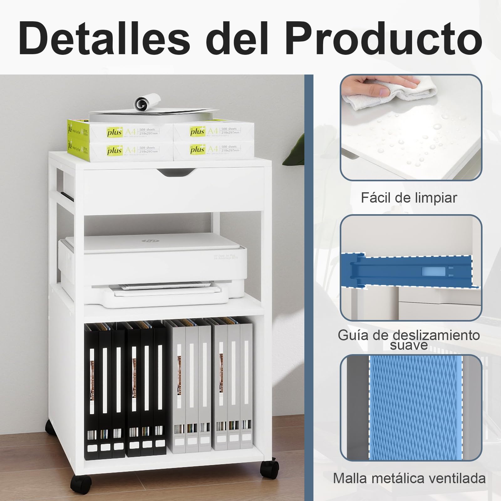 PUNCIA Mueble para Impresora con Ruedas Soporte Rodante de Almacenamiento | Mesa Auxiliar con Cajón y Estantes Abiertos Estantería para discos Carrito Organizador para Oficina y Hogar Blanco