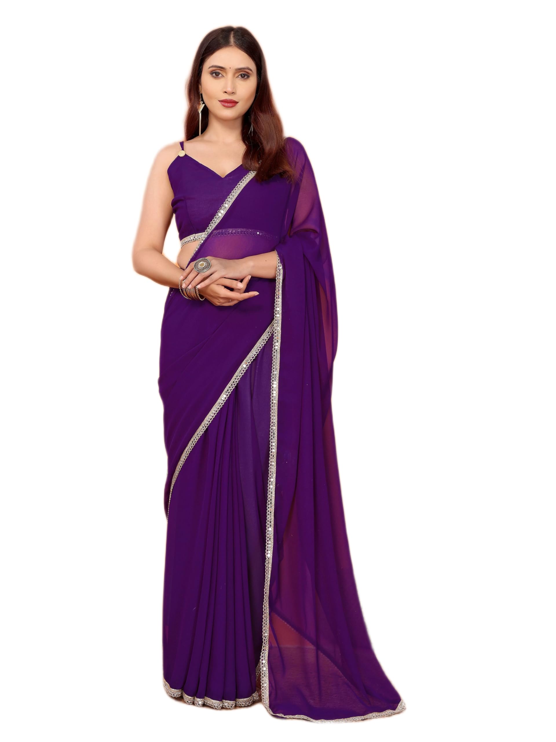amazon brand - tavasya Embellished Solid/Plain Bollywood Georgette Saree With Blouse-picture-23