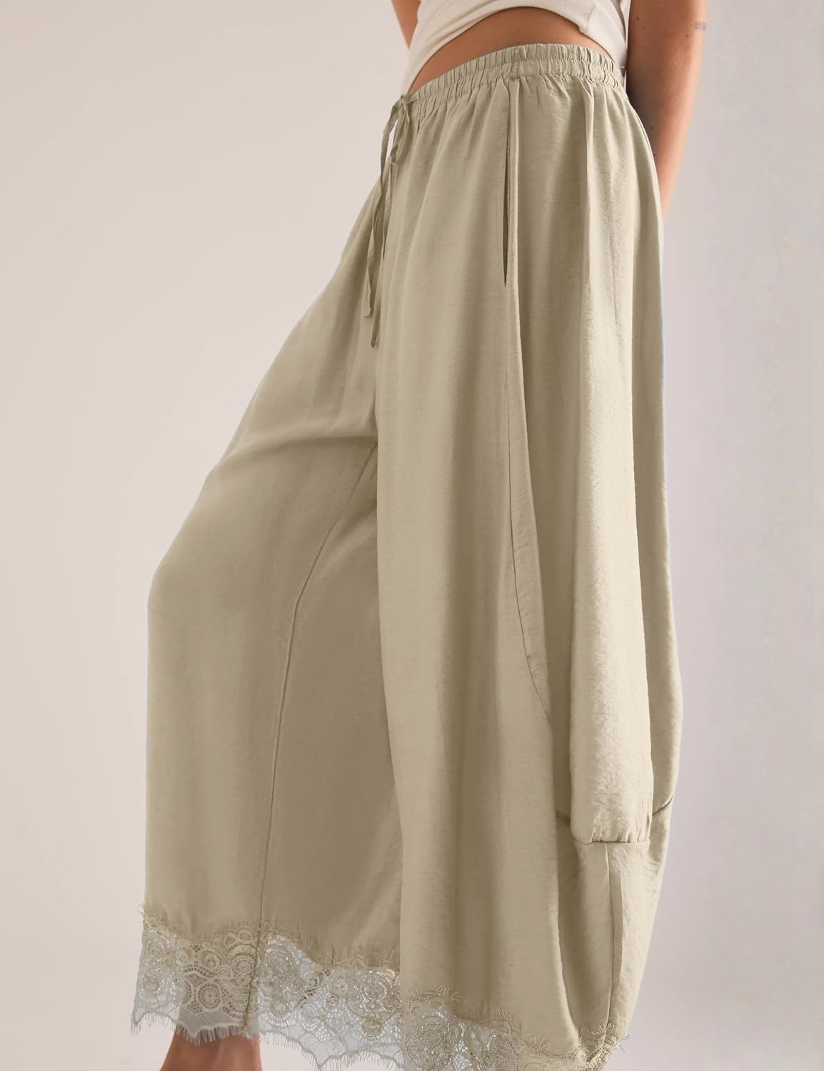  Women's Cropped Lace Hem Pants High Waist Drawstring Wide Leg Pants thumbnail