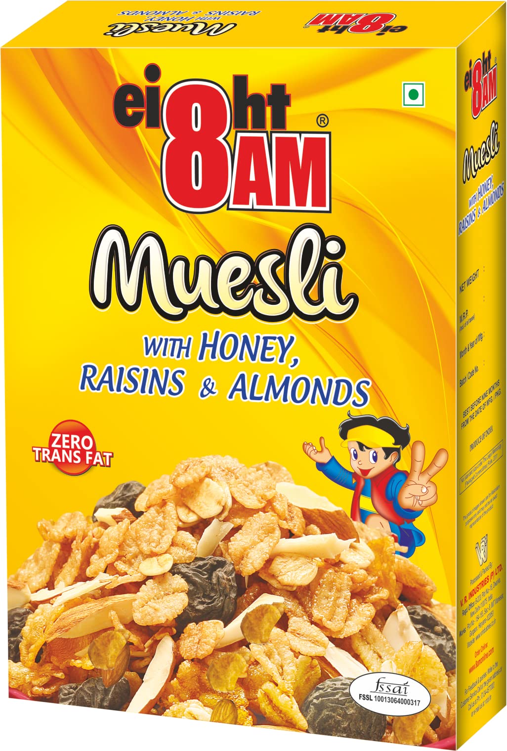 8AM Muesli Honey, Raisins & Almonds, Tasty, Nutritious and Healthy Snacks, Include Whole Grains and Seeds, 425 gm