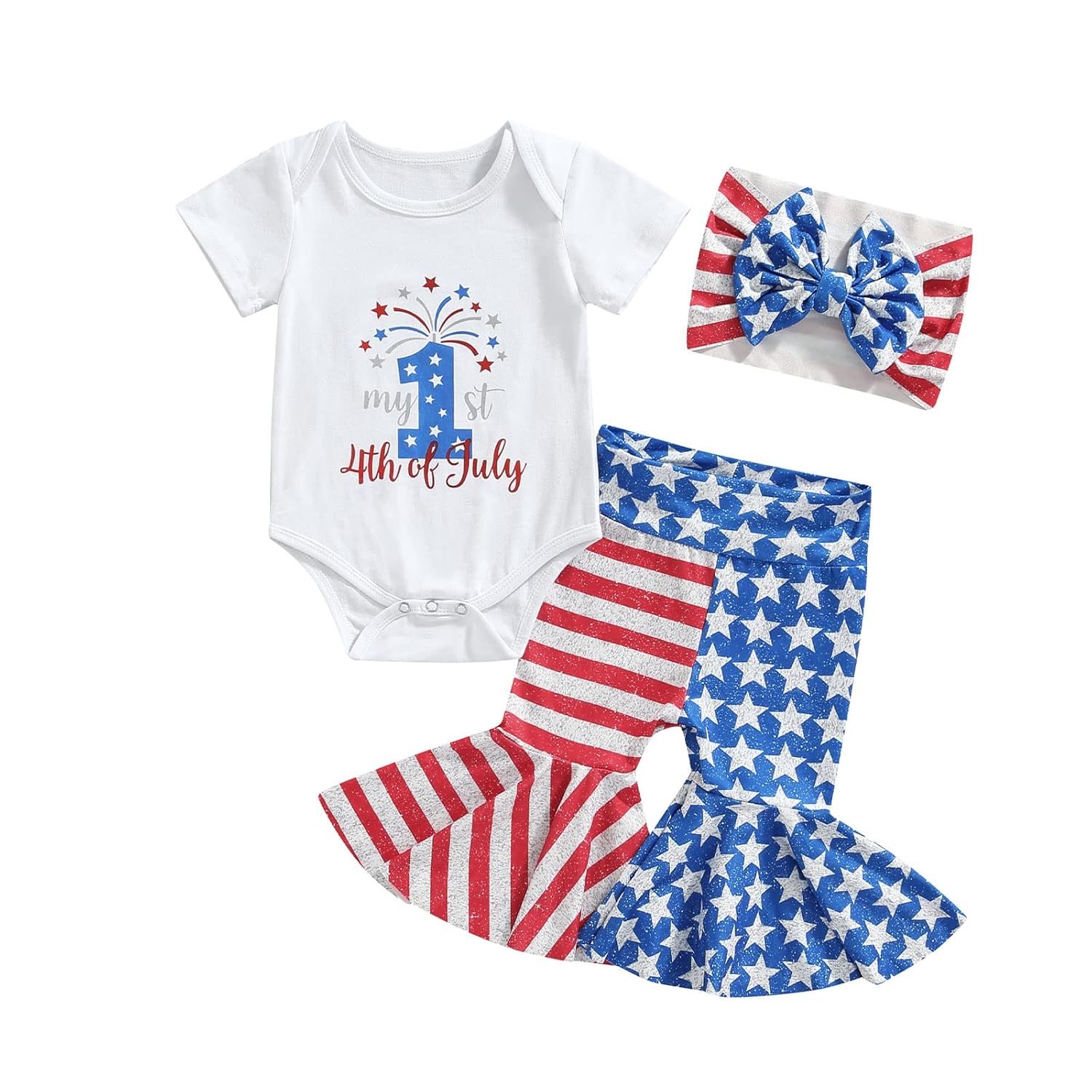 4th Of July Baby Girl Outfit Newborn Fourth Of July USA Romper Flare Pants Headband Memorial Day Clothes