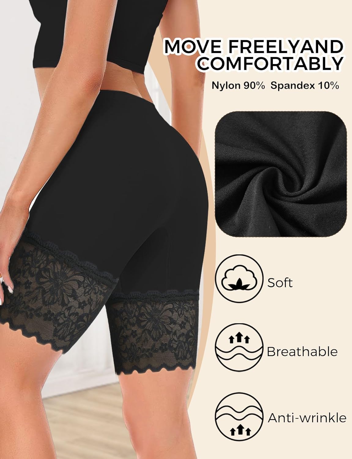 3 Pack Lace Slip Shorts for Women Under Dresses, Seamless Anti Chafing Shorts Summer (3pcs Black, XXL) - Image 4