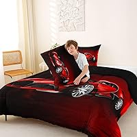 Vista 3 de Feelyou Juego de edredón de coche deportivo, juego de edredón rojo de carreras para niños y niñas, juego de ropa de cama con temática de deportes