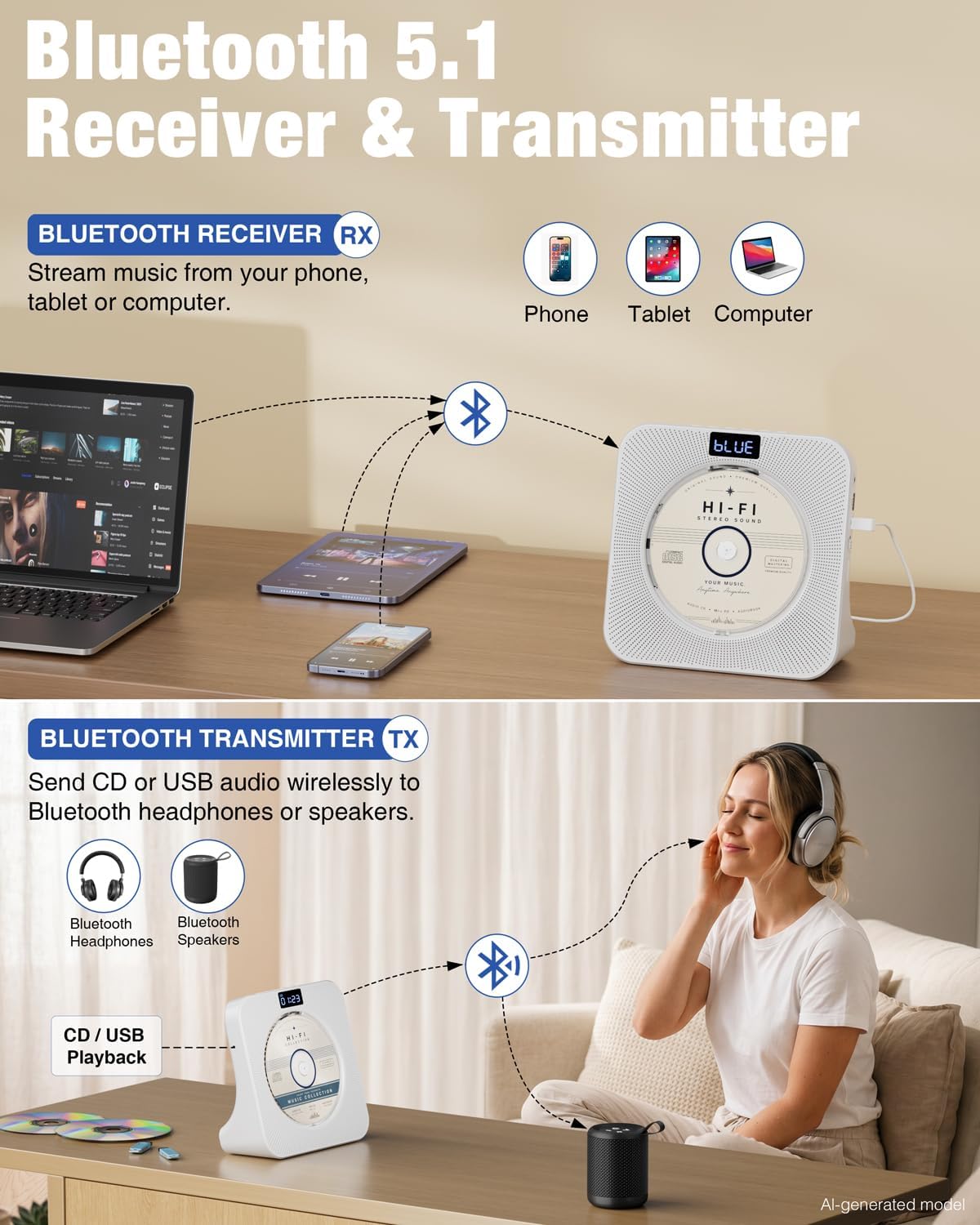 MEGATEK Portable CD Player CP28BR Bluetooth Receiver and Transmitter