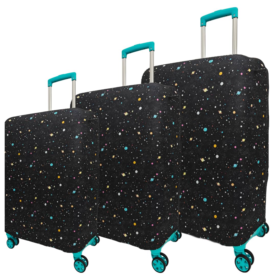 NT CREATION Printed Travel Luggage Cover for Suitcase - Stretchable & Scratchproof Trolley Bag Protector (3, Space Universe, 3 Size Combo)