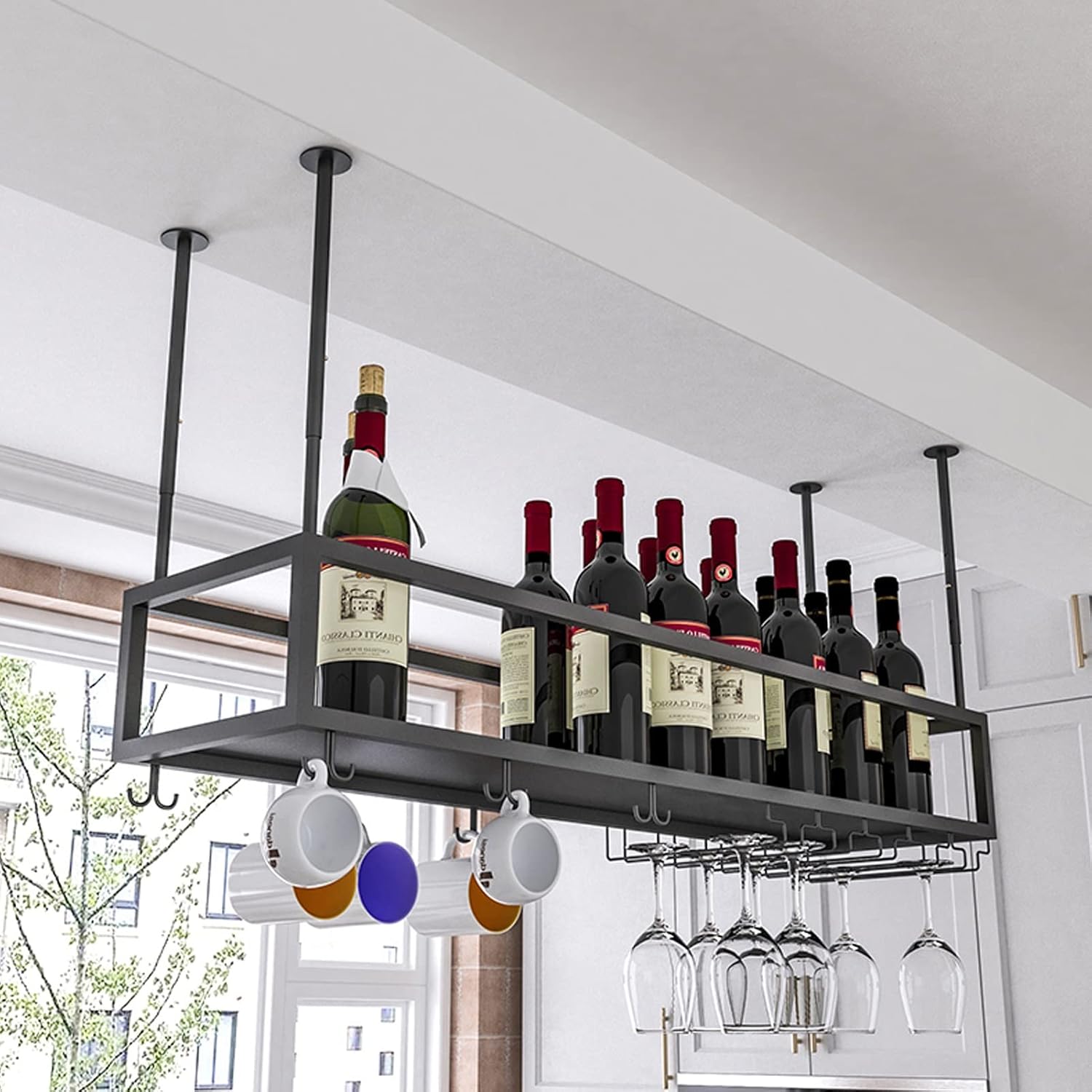Adjustable Hanging Bar Wine Glass Rack Rustic Ceiling Glass Storage Rack for Different Types of Goblets,Ceiling Hanging Bar Unit Ceiling Hanging Holder Industrial Black Wine Bottle