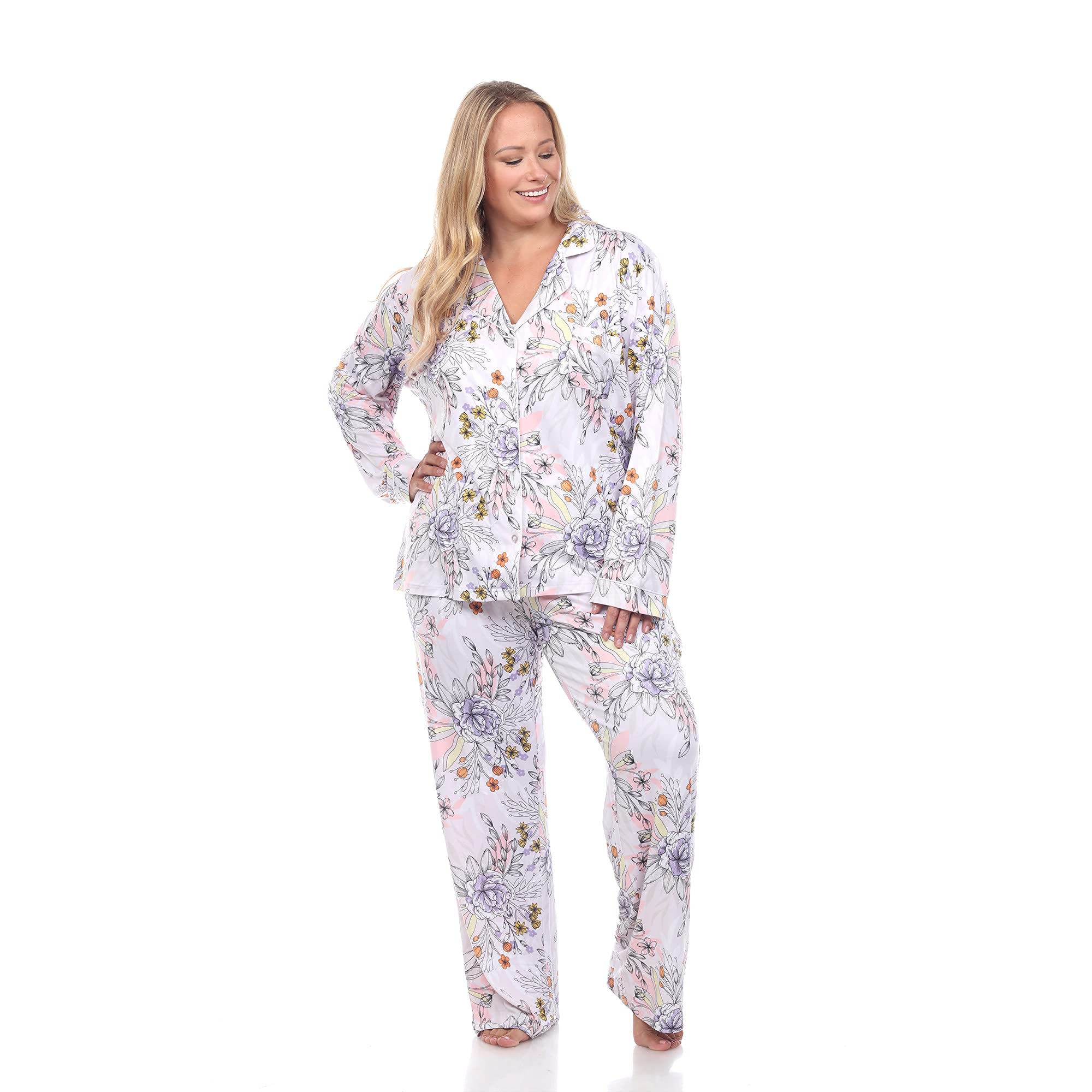 white markWomen's Plus Size Super Soft Heart Print Long Sleeve Top and Full-Length Pajama Bottoms Set with front Pocket