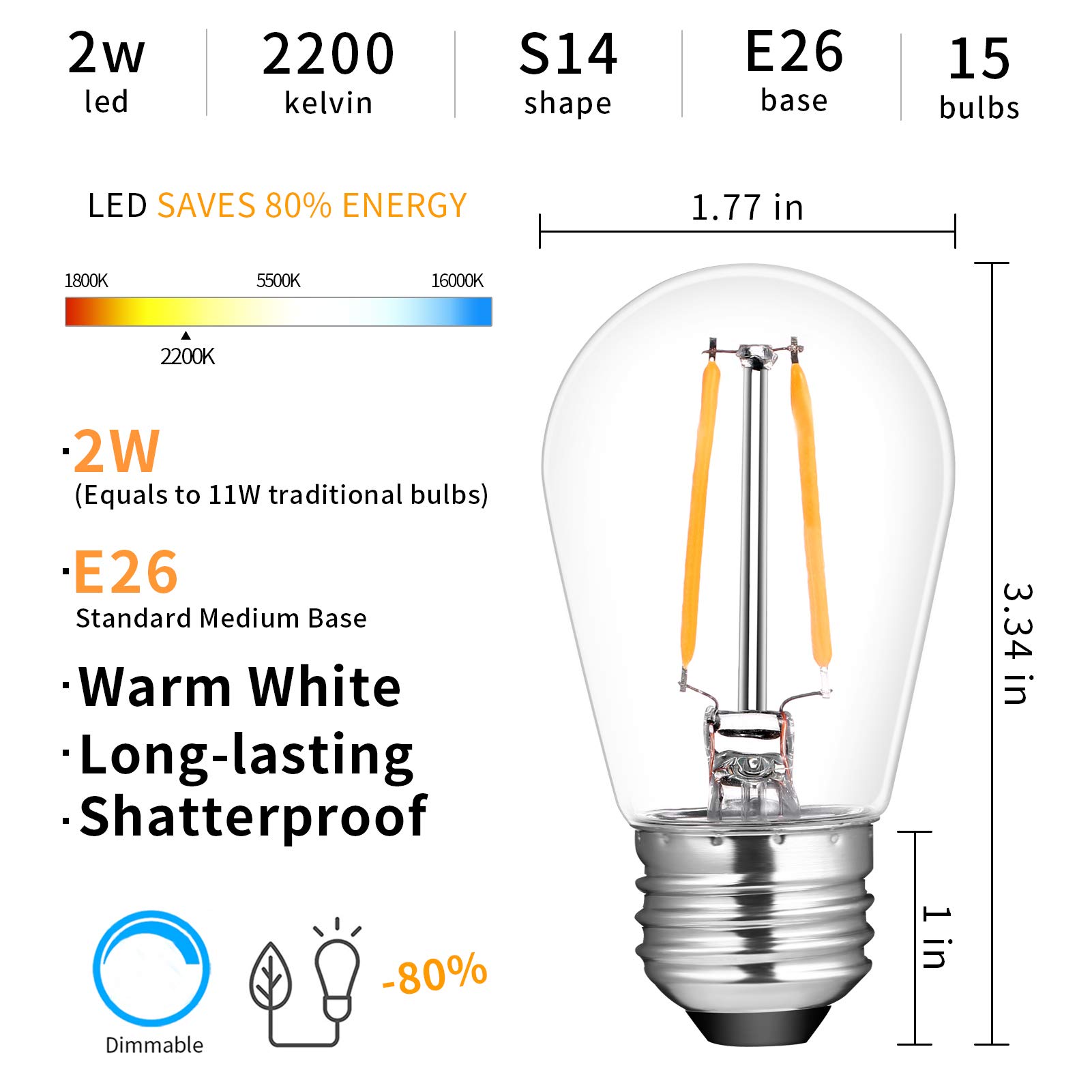 Upgrade IP65 wasserdichte Outdoor String Light Birnen, 2W LED S14 Ersatz bruchsichere Kunststoff-Edison-Lampen, 130 V E26 Mittelsohle, 2200 K Warmweiß, 11 Watt Äquivalent, Transparent, 15