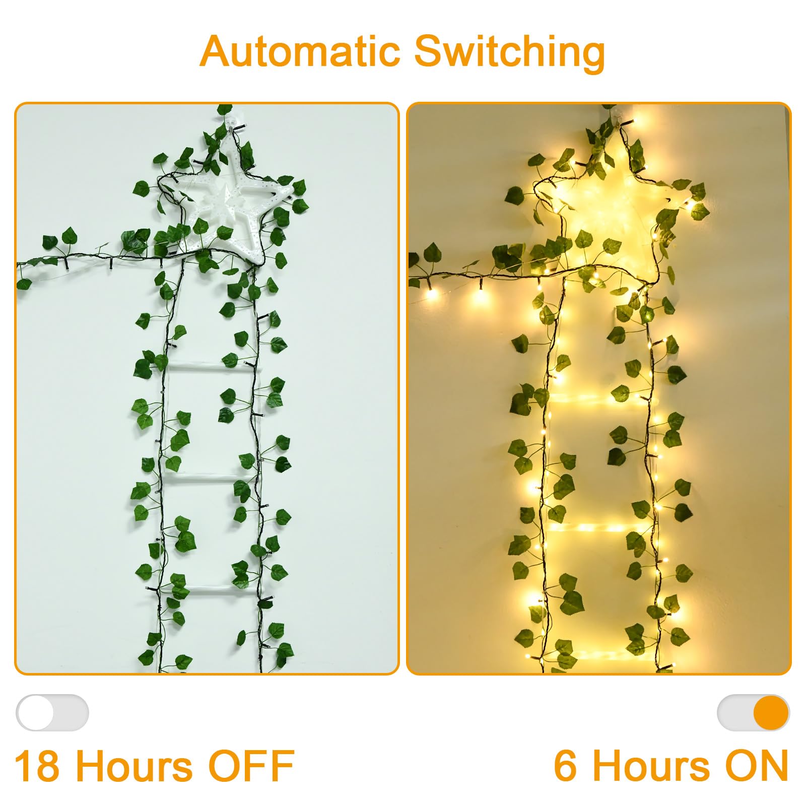 Ghirlanda Luminosa Edera Artificiale 2m 20 LED Bianco Caldo – Con Timer E Batteria Ricaricabile, Impermeabile Per Balcone, Camera, Matrimonio