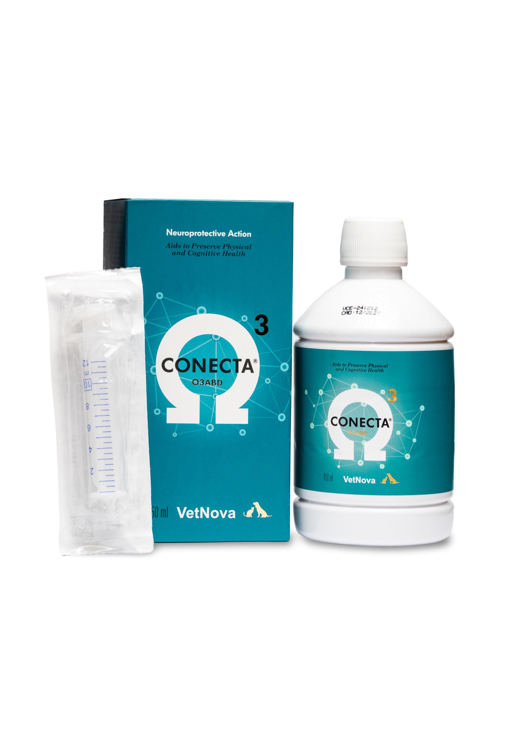 VetNova - Conecta Plus, Solución Oral con Omega-3 (DHA EPA), Vitaminas B, A, D3 y E con Ginkgo Biloba para Perros y Gatos, Ayuda a Preservar la Funcionalidad Cognitiva, Movilidad y Bienestar - 450 ml