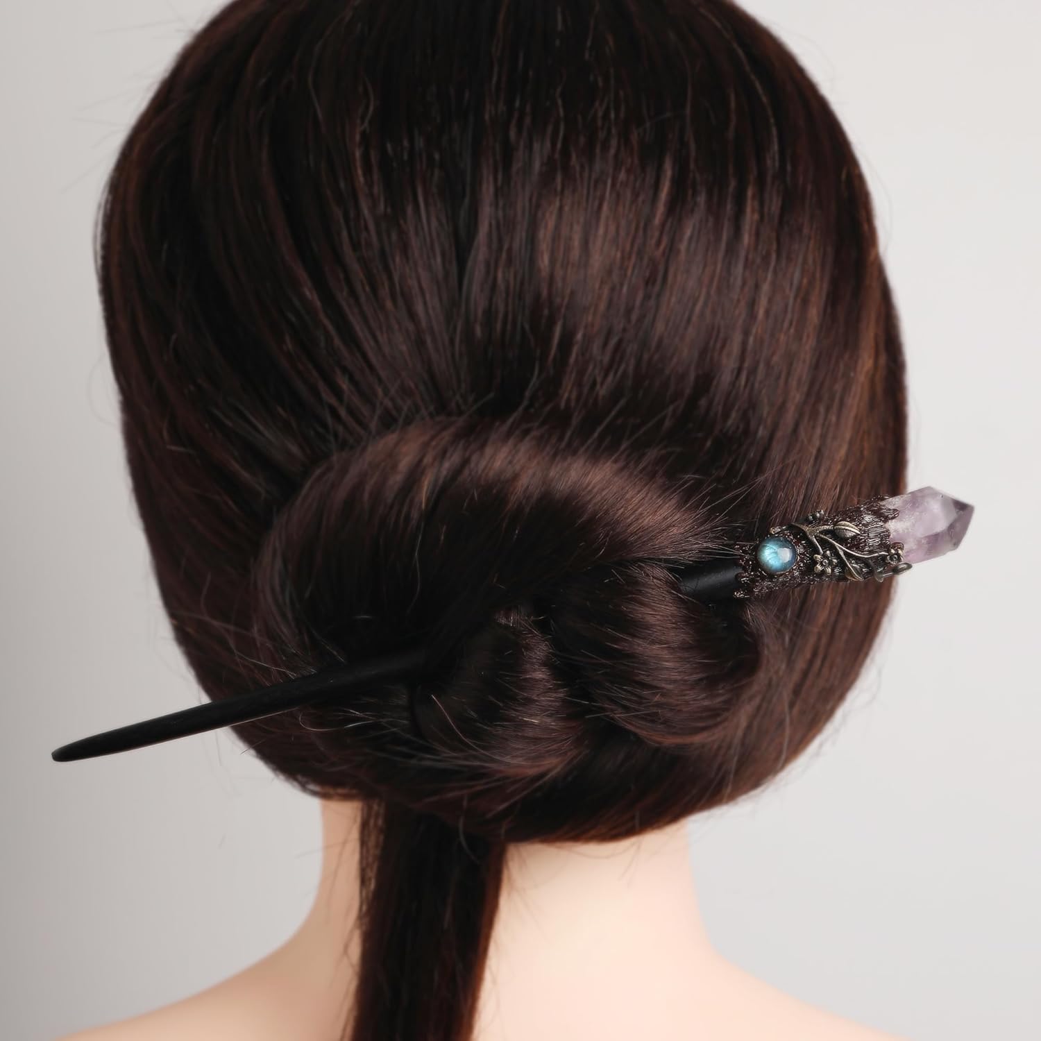 Wooden Magic Wand Chopstick Hairpin Amethyst Labradorite Handcraft Gift for Her (Amethyst)