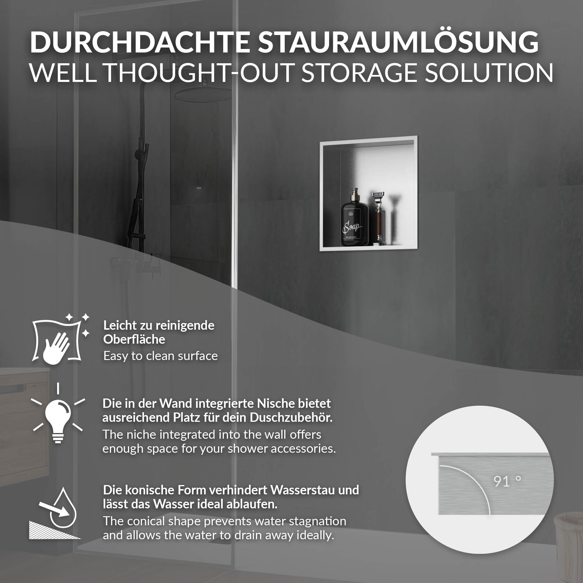 LuxeBath Wandnische aus Edelstahl, 30x30x10 cm, Silber, Duschnische mit Rahmen, Einbauregal, Flexibler Einbau, Befliesbare Nische für Badutensilien, Duschablage, Einzelregal Lagerung für Badezimmer
