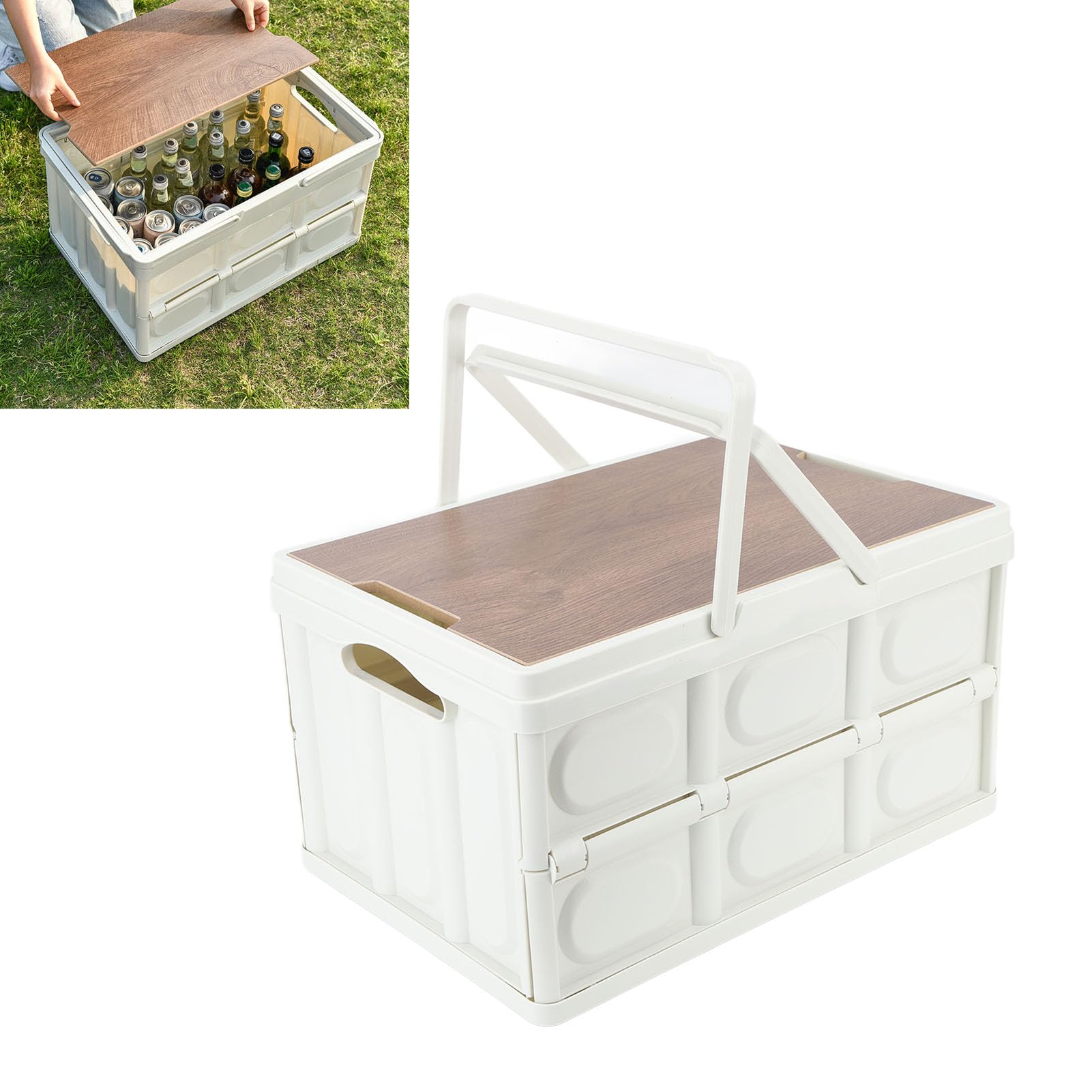 Alomejor Camp Box Caja de Almacenamiento Portátil para Exteriores con Tapa de Madera para Camping y Picnic, Organizador Plegable de Gran Capacidad, Material de Tablero de Densidad PP (Grande)