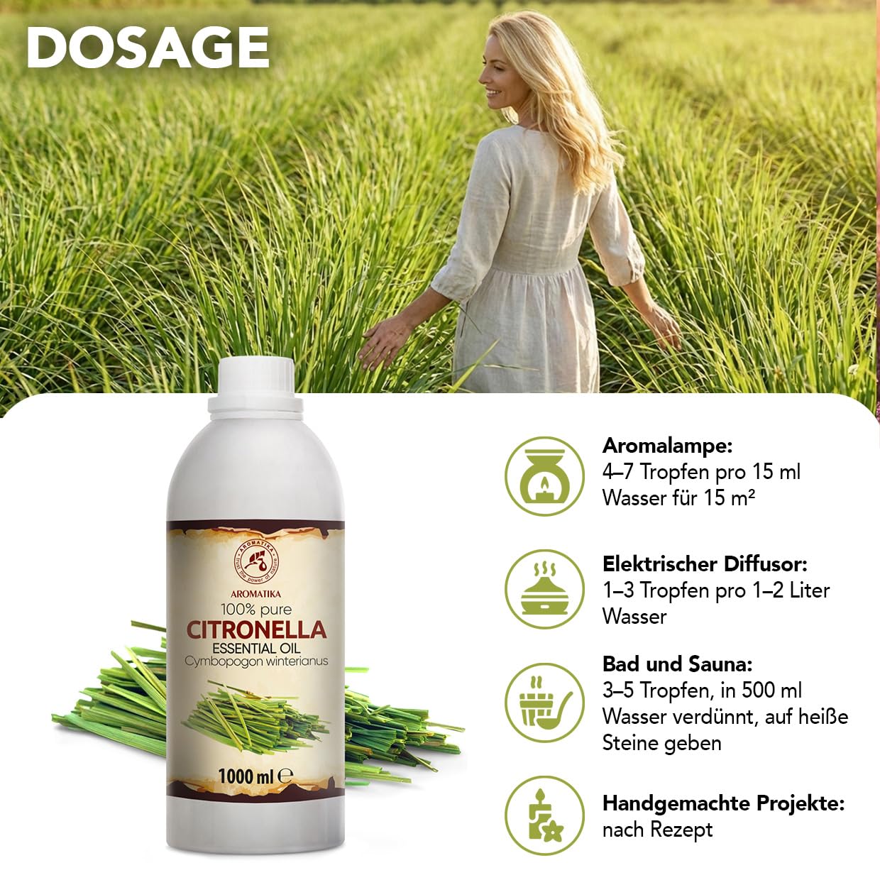 Ätherisches Citronellaöl 1000 ml - Cymbopogon Winterianus - Reines Ätherisches Citronella Öl - für Diffusers und Duftlampen - für Aromakerze - Frischer Duft - Lufterfrischer - Aromatherapie